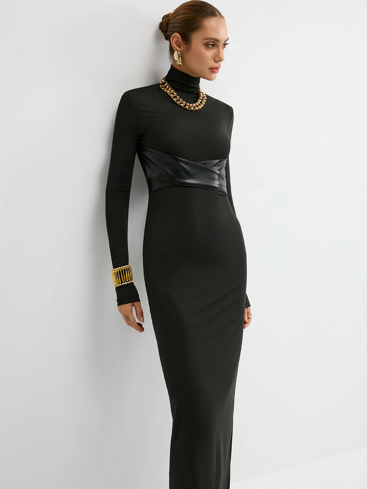 Turtleneck Faux Leather Paneled Maxi Dress - Image 3