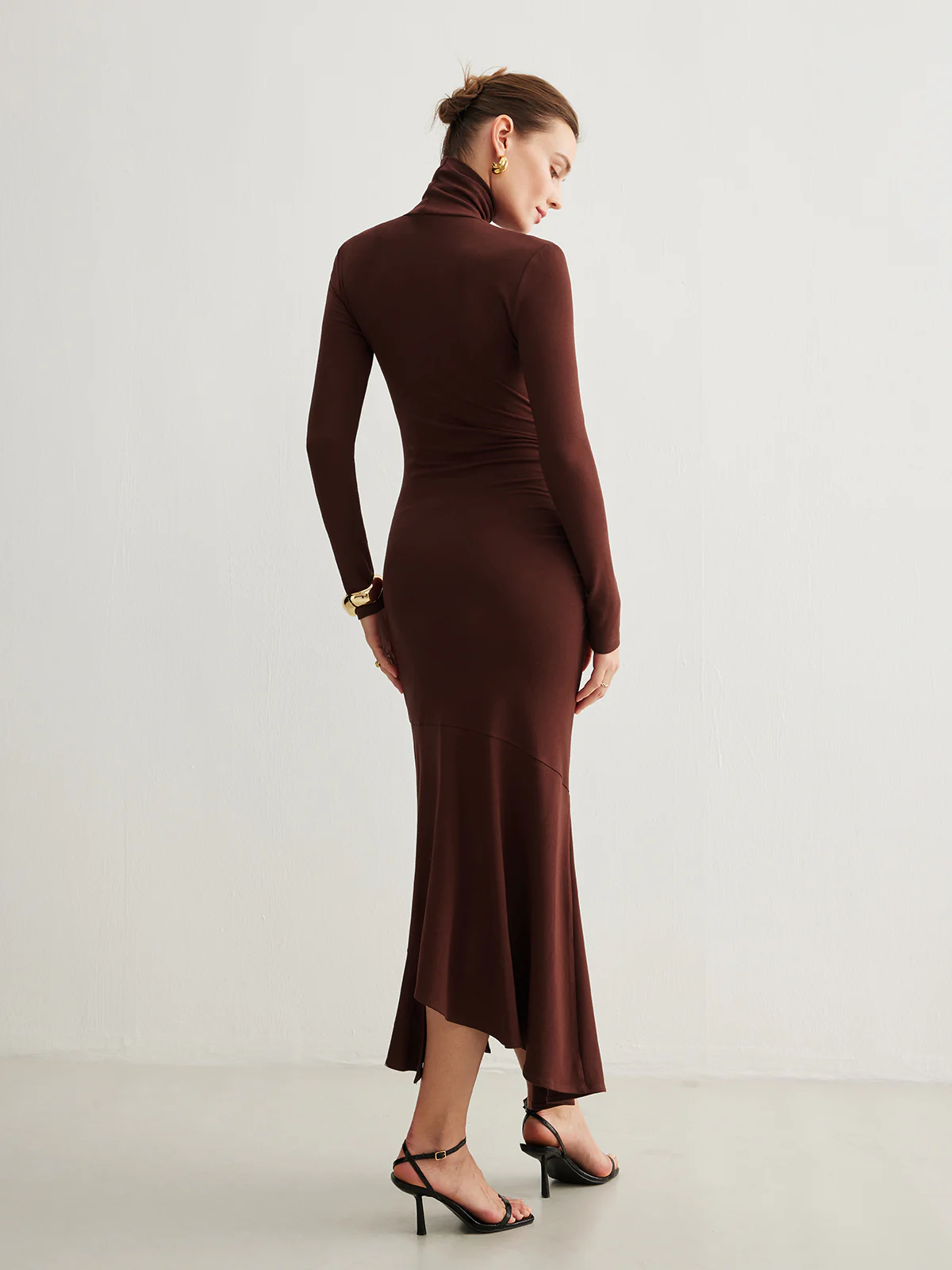Turtleneck Irregular Pleated Long Dress - Image 6