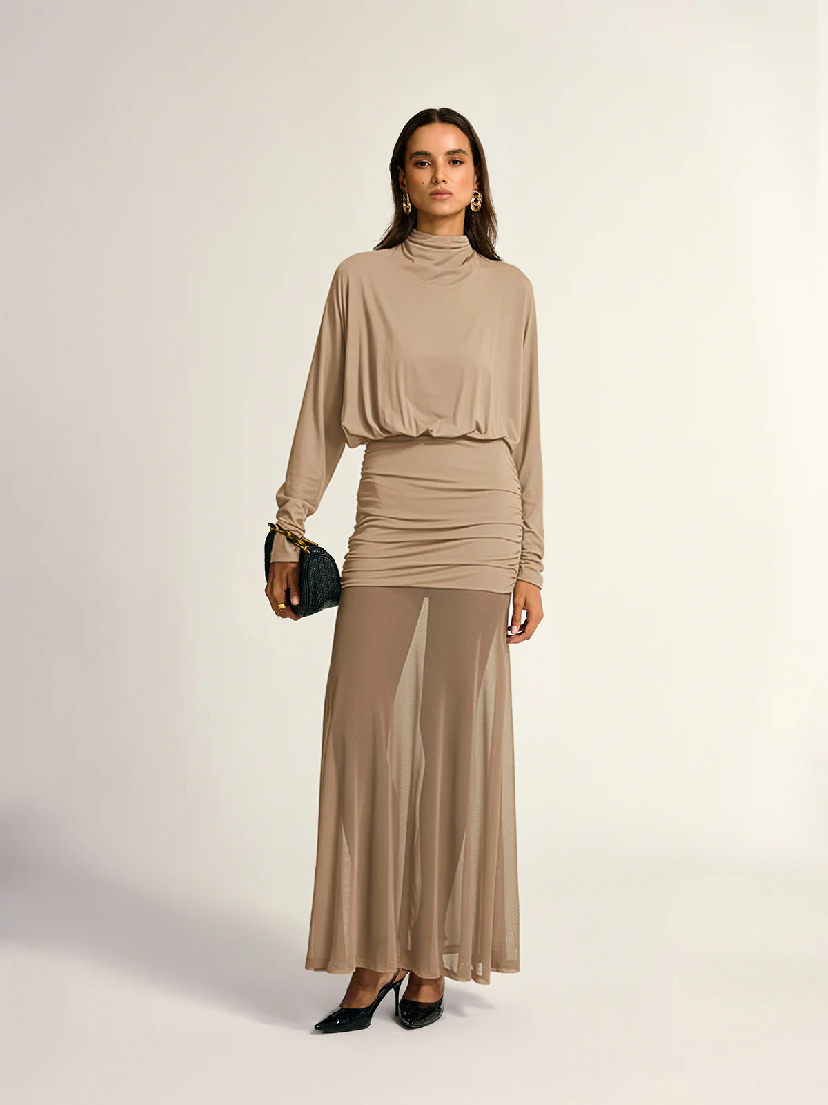 Turtleneck Long Sleeve Drape Ruched Mesh Dress - Image 8