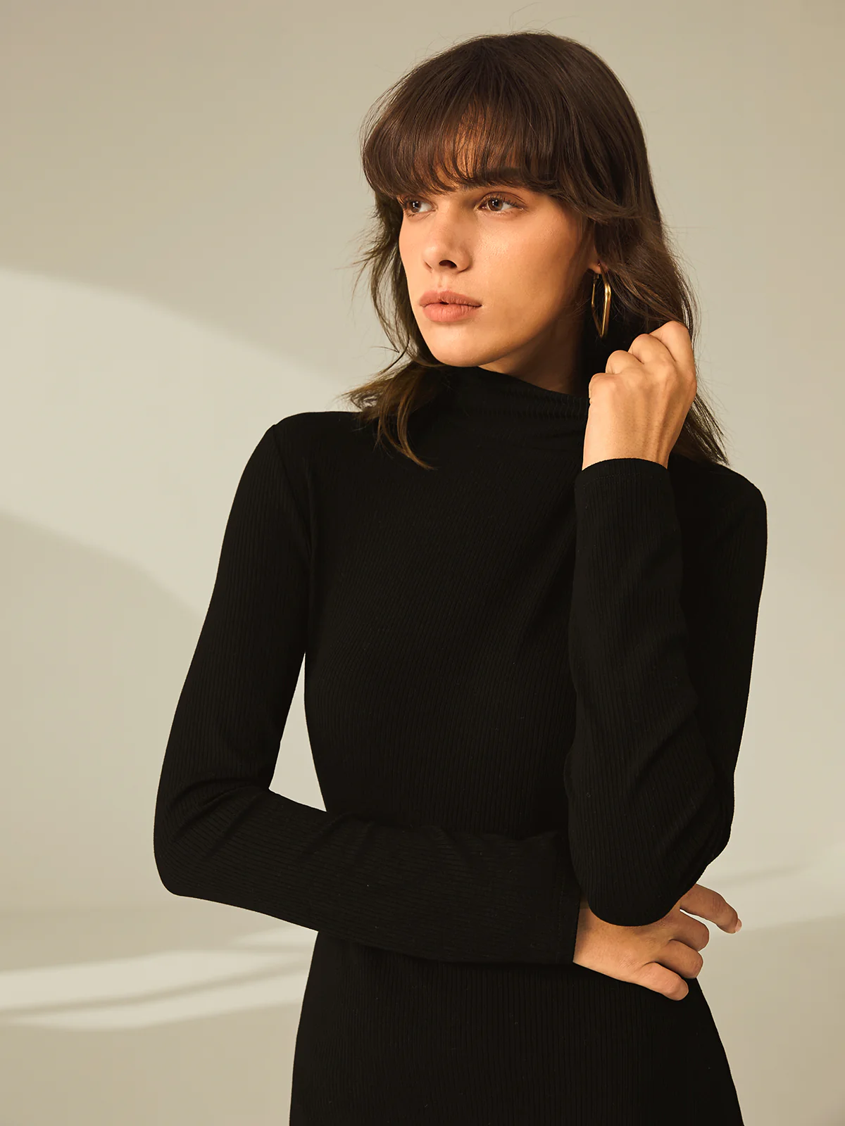 Turtleneck Long Sleeve Mini Dress with Slit and Ribbed Paneling - Image 4