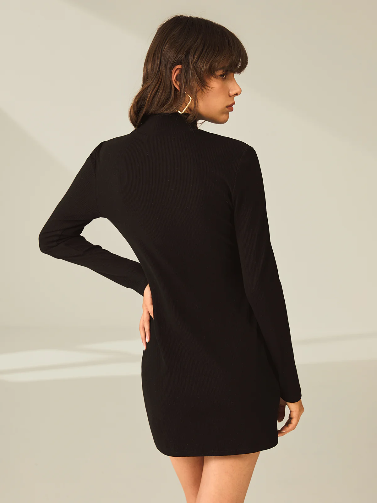 Turtleneck Long Sleeve Mini Dress with Slit and Ribbed Paneling - Image 5
