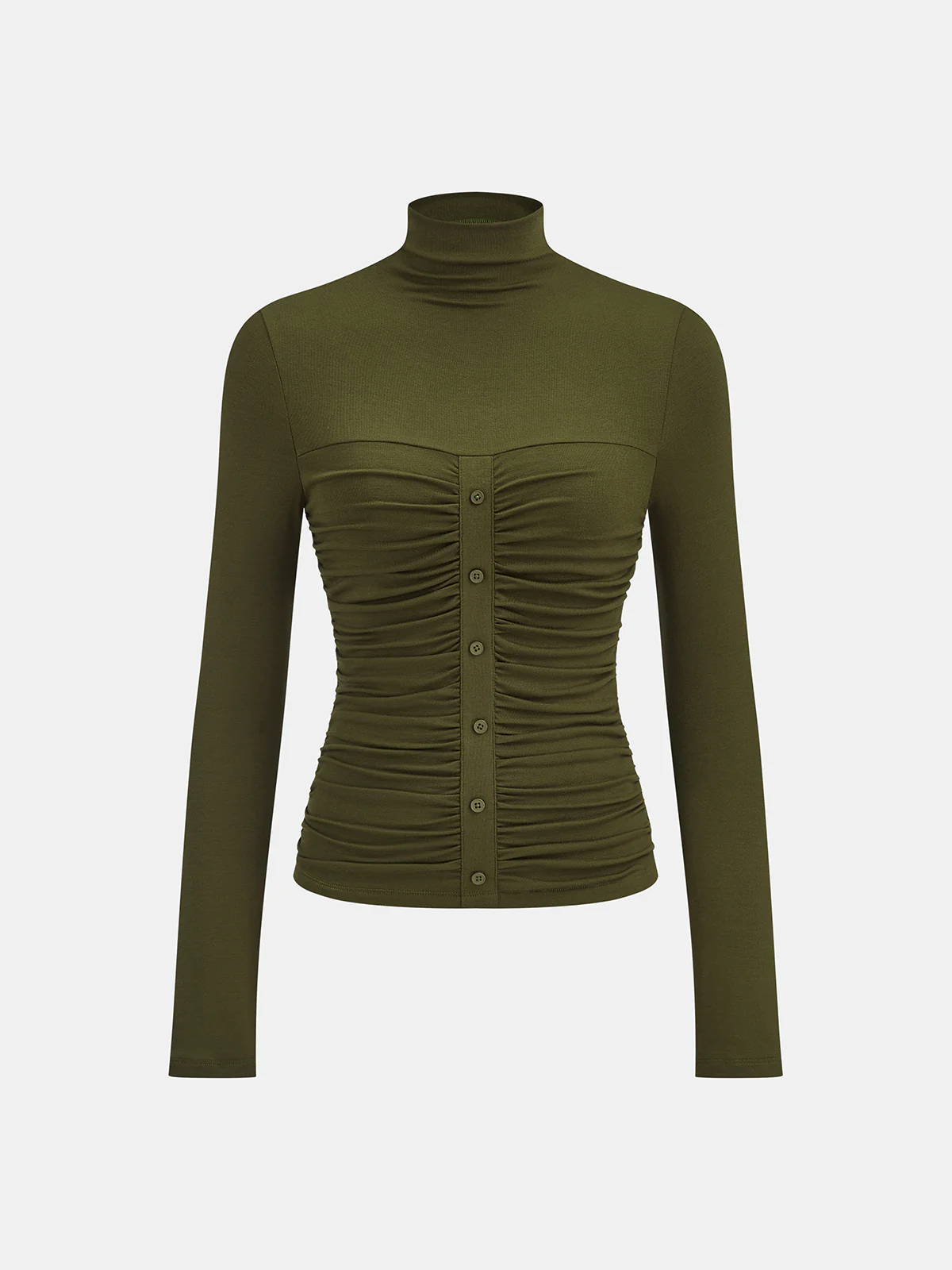Turtleneck Ruched Decor Button Knit Top - Image 2