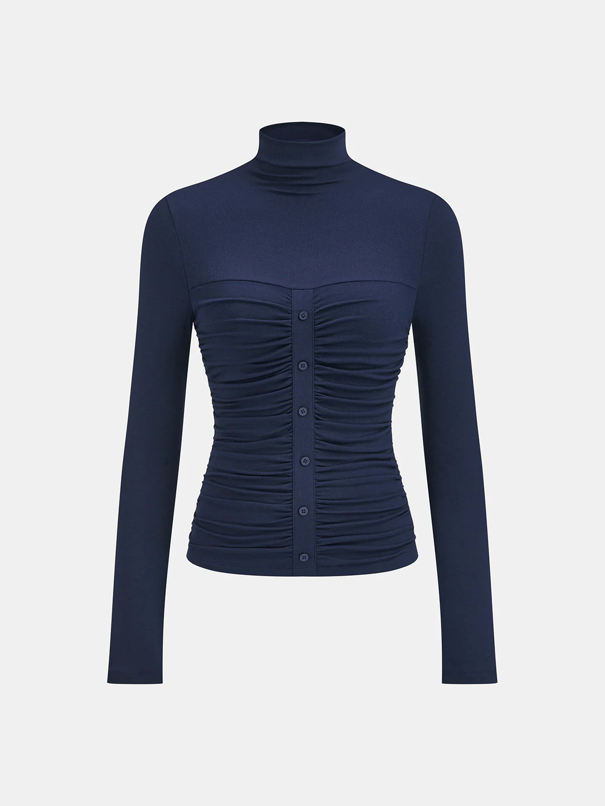 Turtleneck Ruched Decor Button Knit Top - Image 6