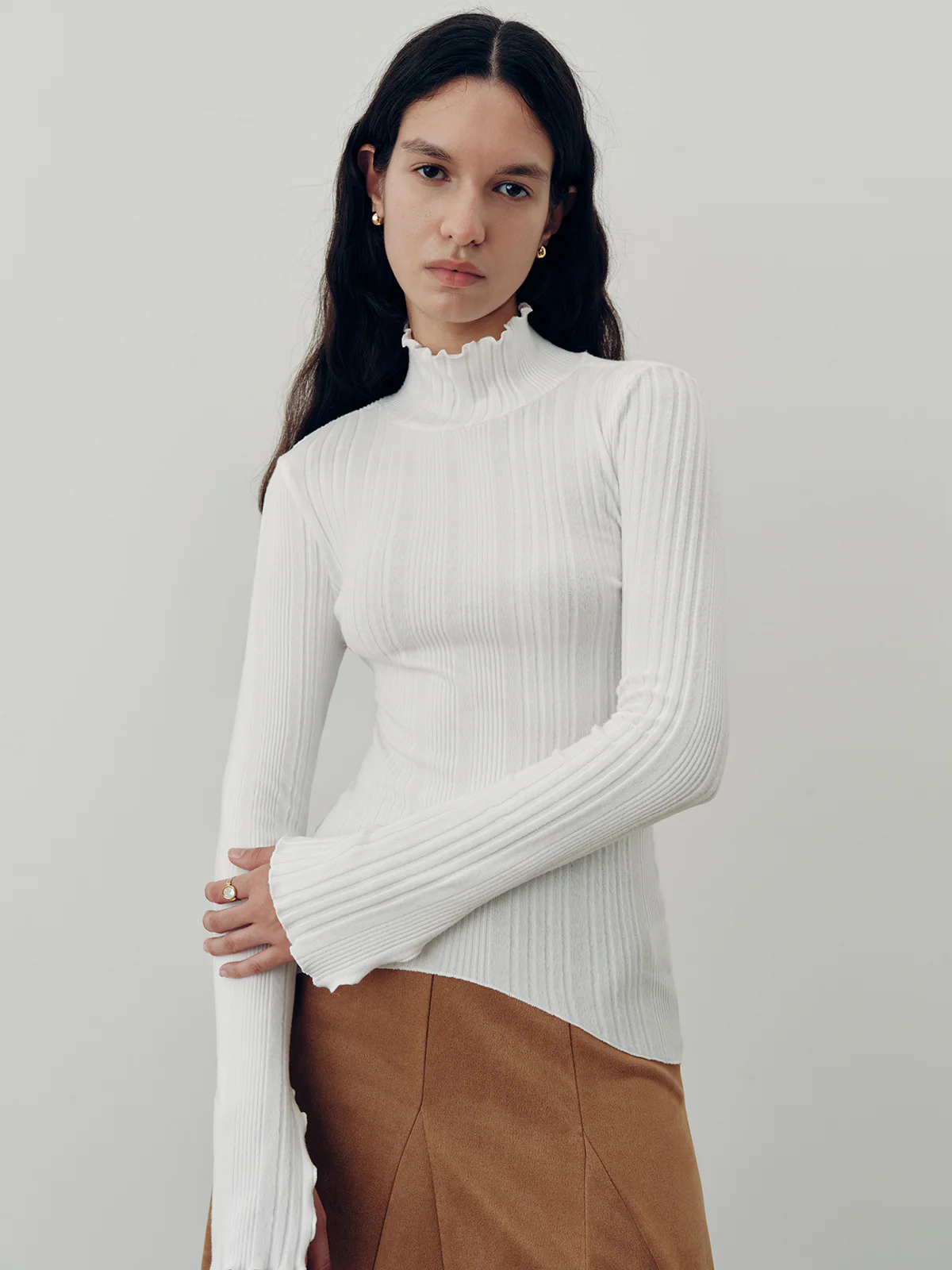 Turtleneck Ruffled Ribbed Knit Top - Image 2