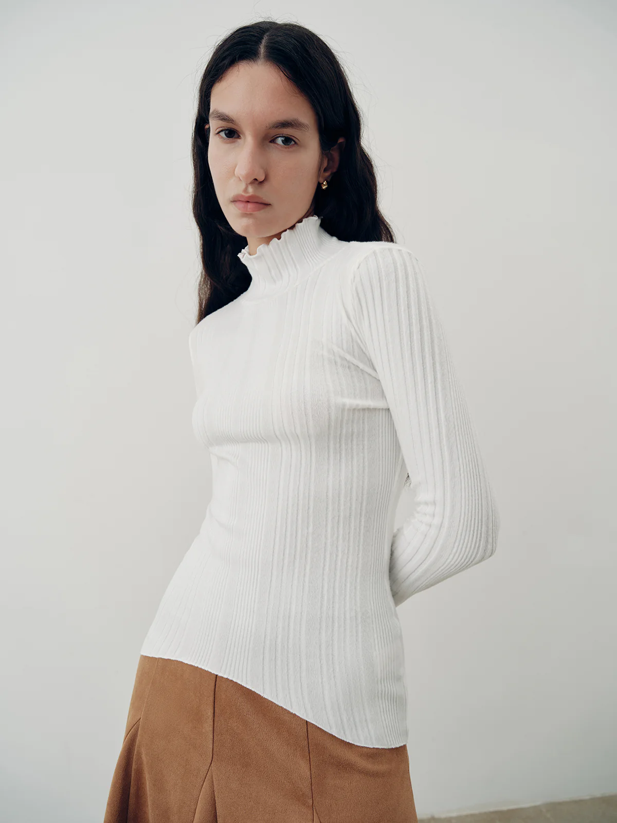 Turtleneck Ruffled Ribbed Knit Top - Image 7
