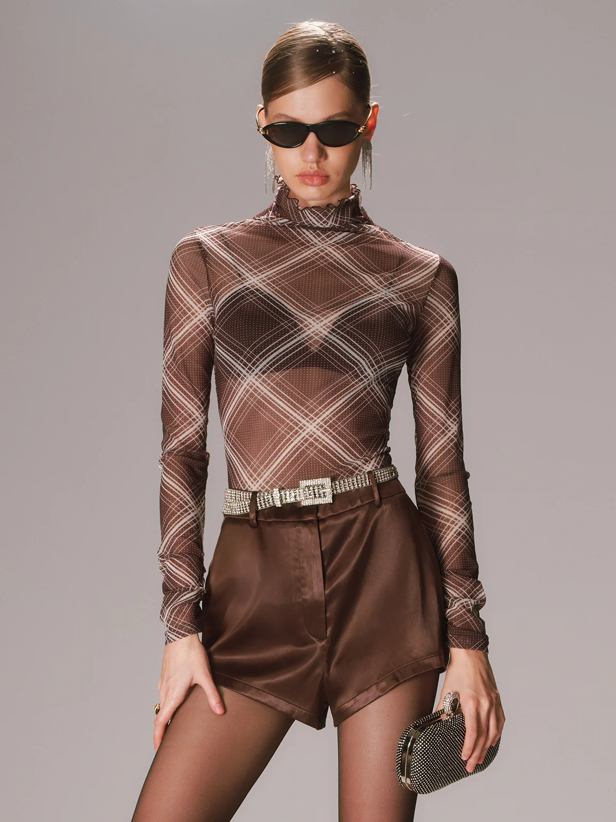Turtleneck Sheer Mesh Plaid Long Sleeve Top - Image 3
