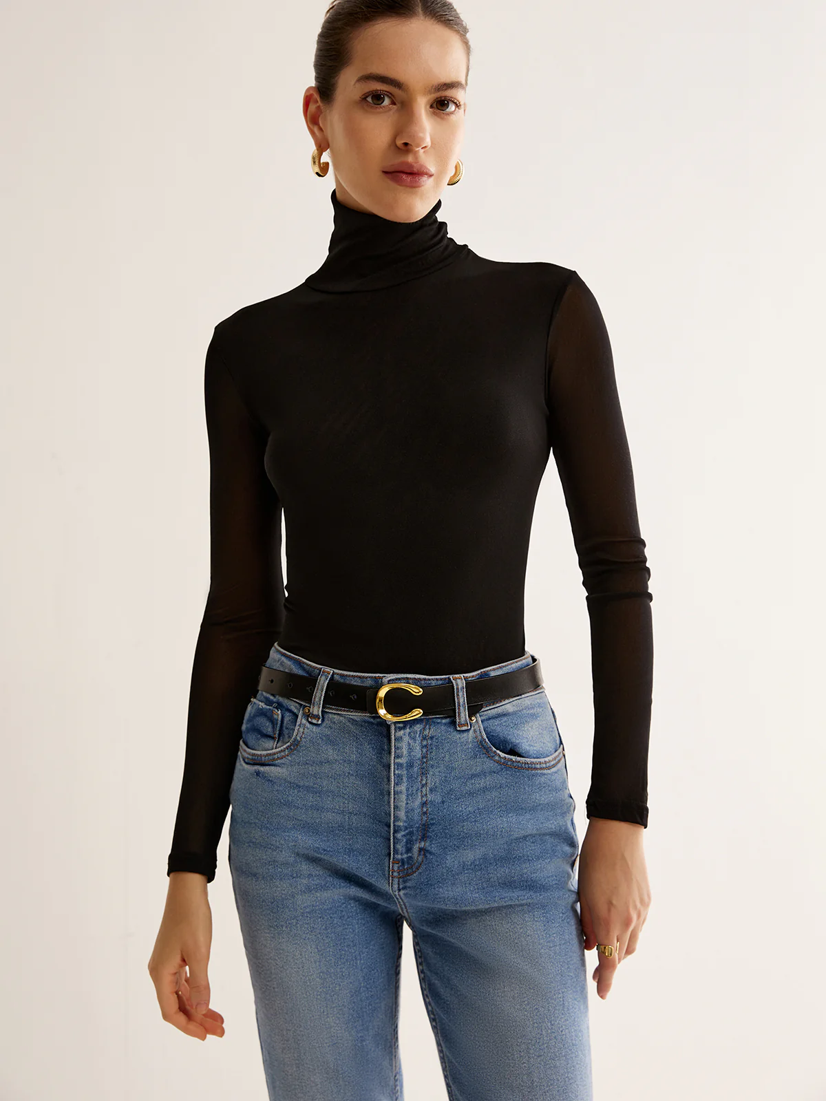 Turtleneck Sheer Sleeve Jersey Top - Image 3