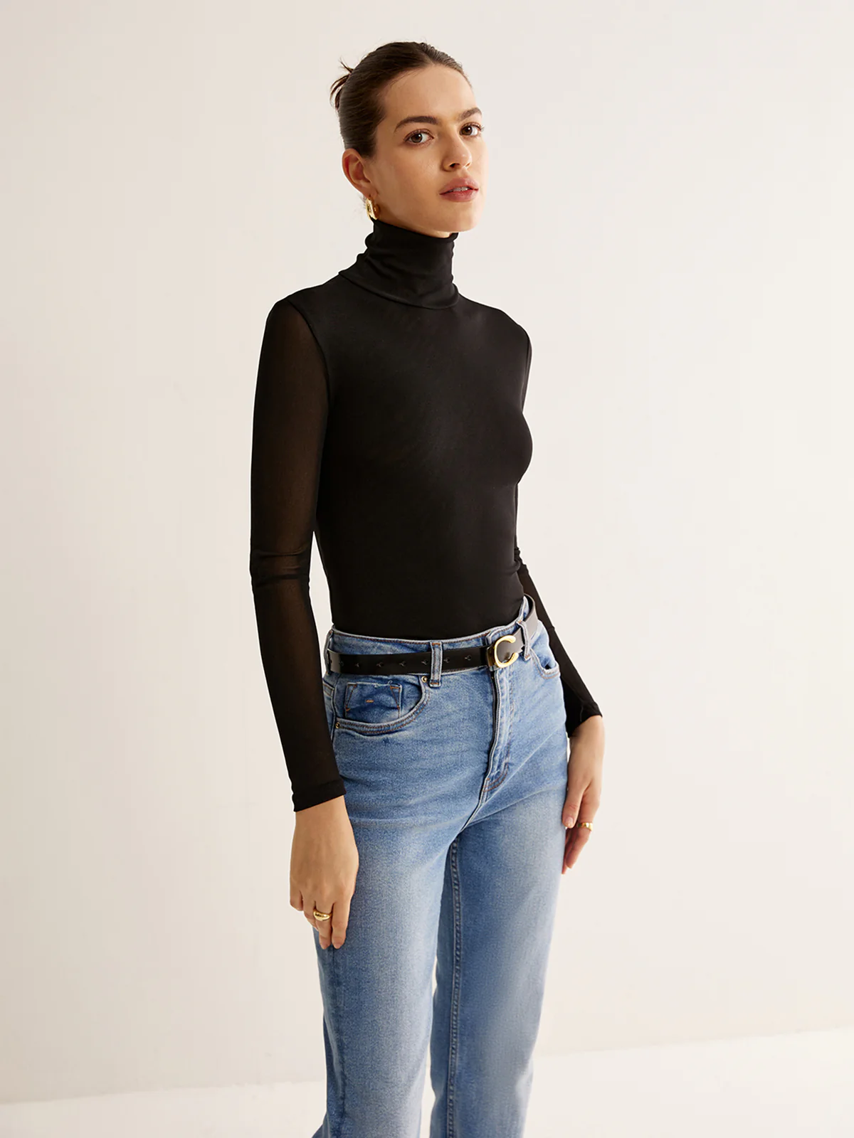 Turtleneck Sheer Sleeve Jersey Top - Image 4