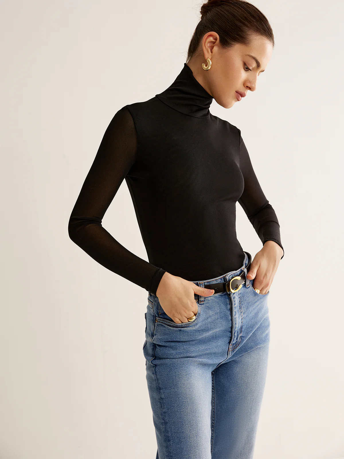 Turtleneck Sheer Sleeve Jersey Top - Image 5
