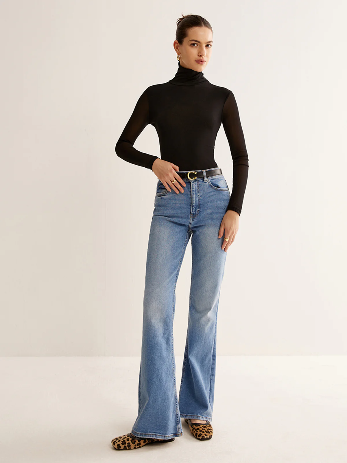 Turtleneck Sheer Sleeve Jersey Top - Image 7
