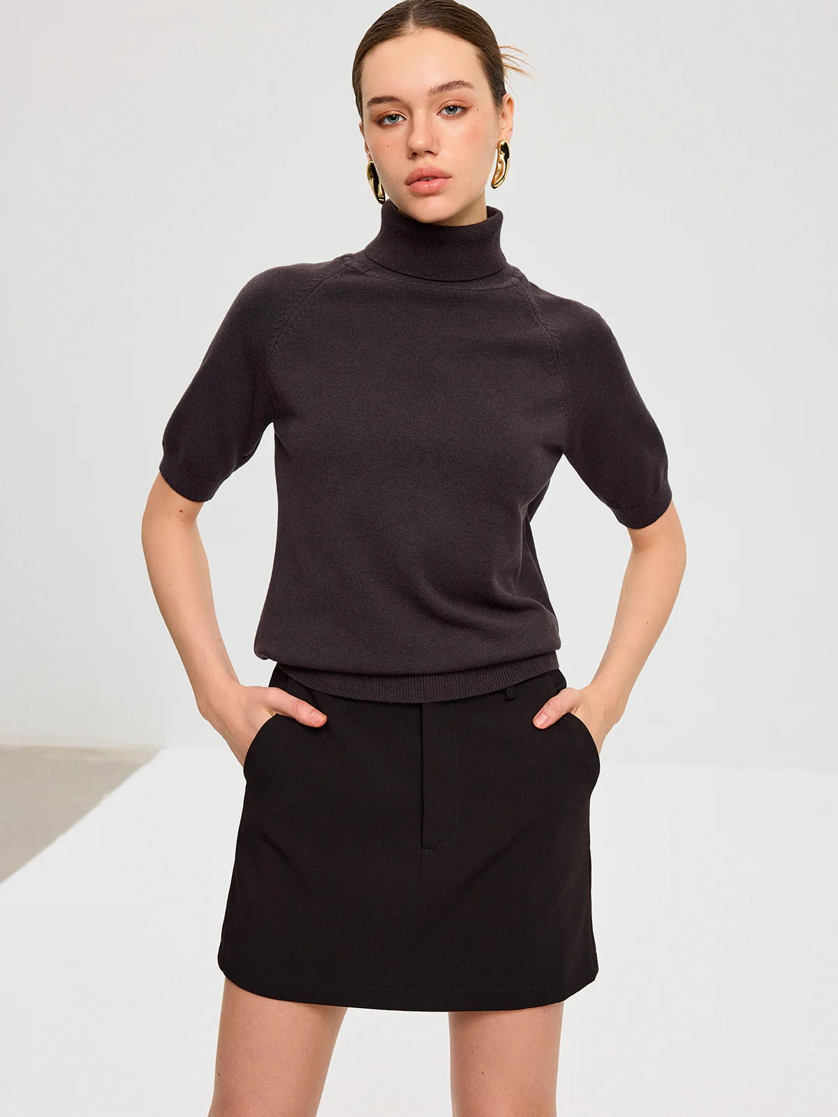 Turtleneck Short Puffed Sleeve Knit Top - Image 2