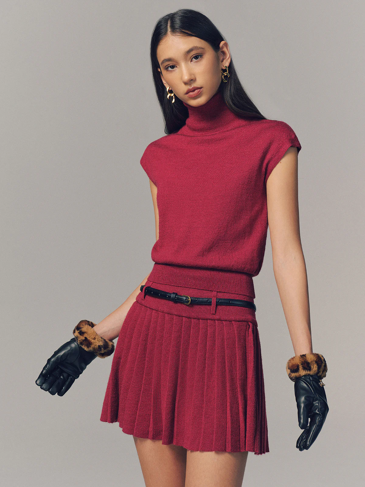 Turtleneck Top & Pleated Mini Skirt Set with Belt - Image 3