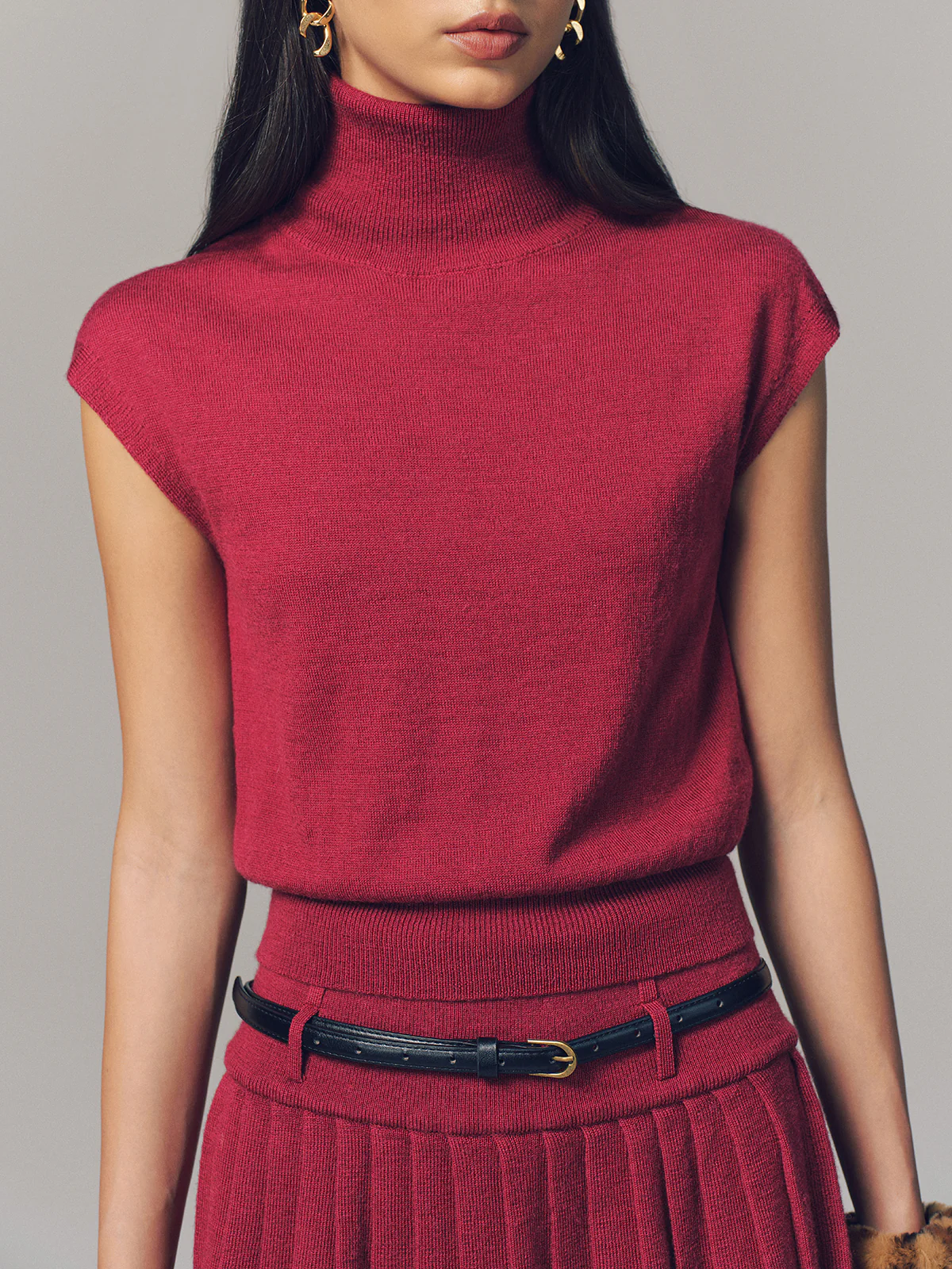 Turtleneck Top & Pleated Mini Skirt Set with Belt - Image 4