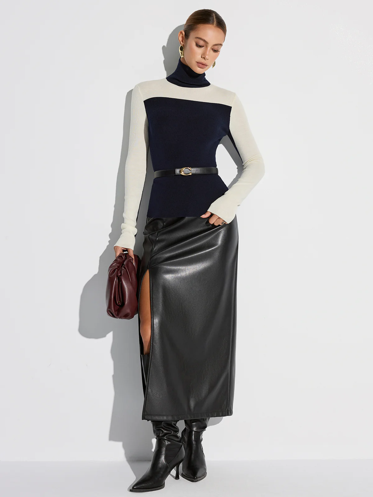 Turtleneck Two-Tone Wool Blend Knit Top - Image 3