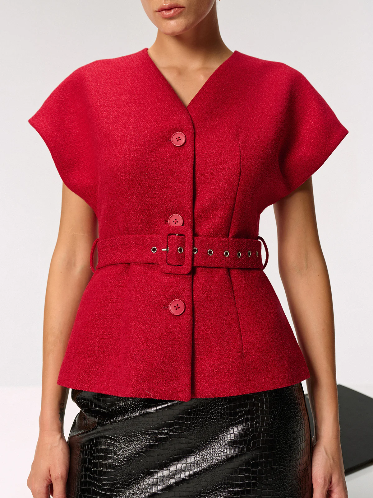 Tweed Belted Cap Sleeve Vest - Image 6