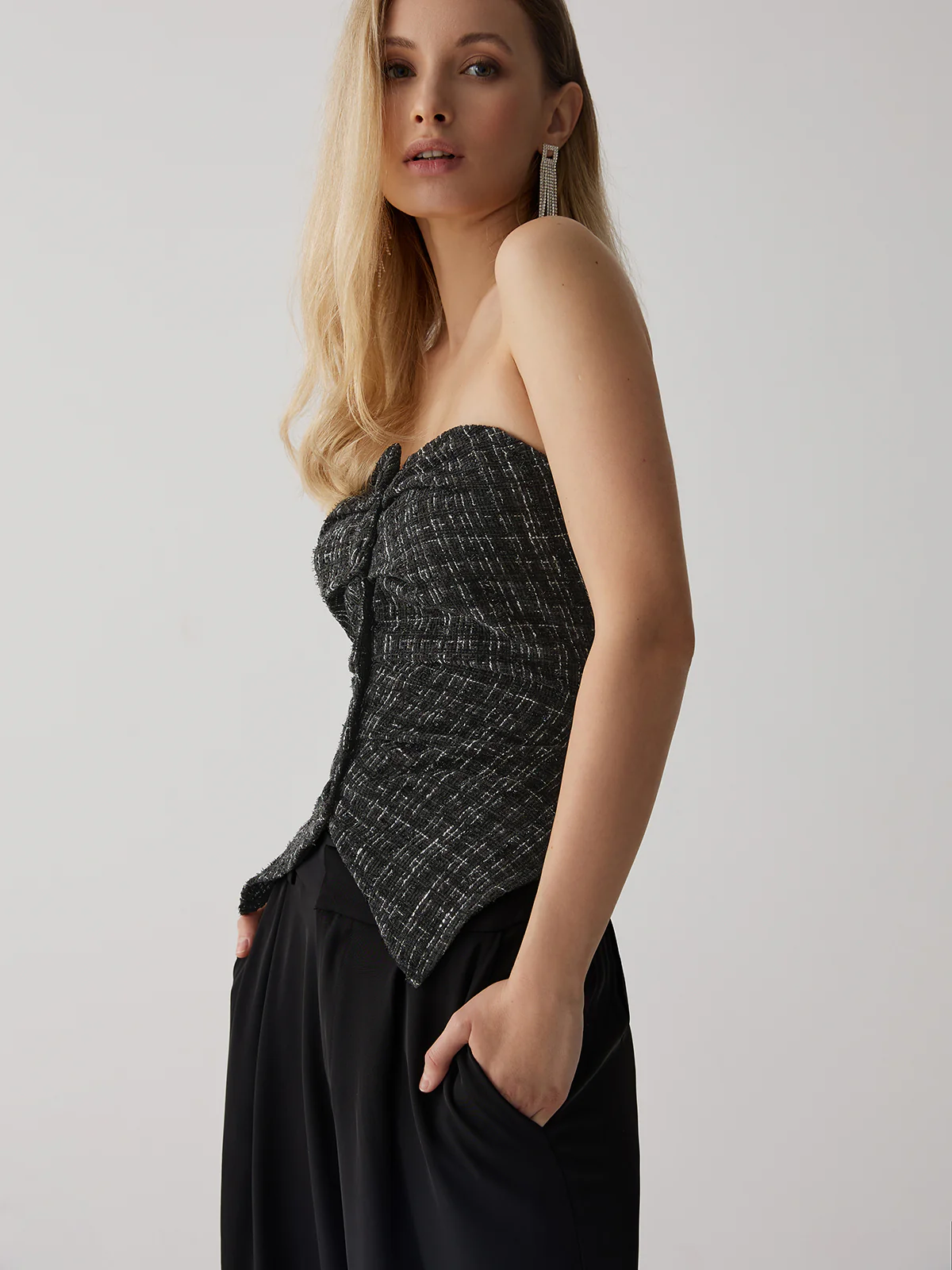 Tweed Button Ruched Tube Top - Image 4