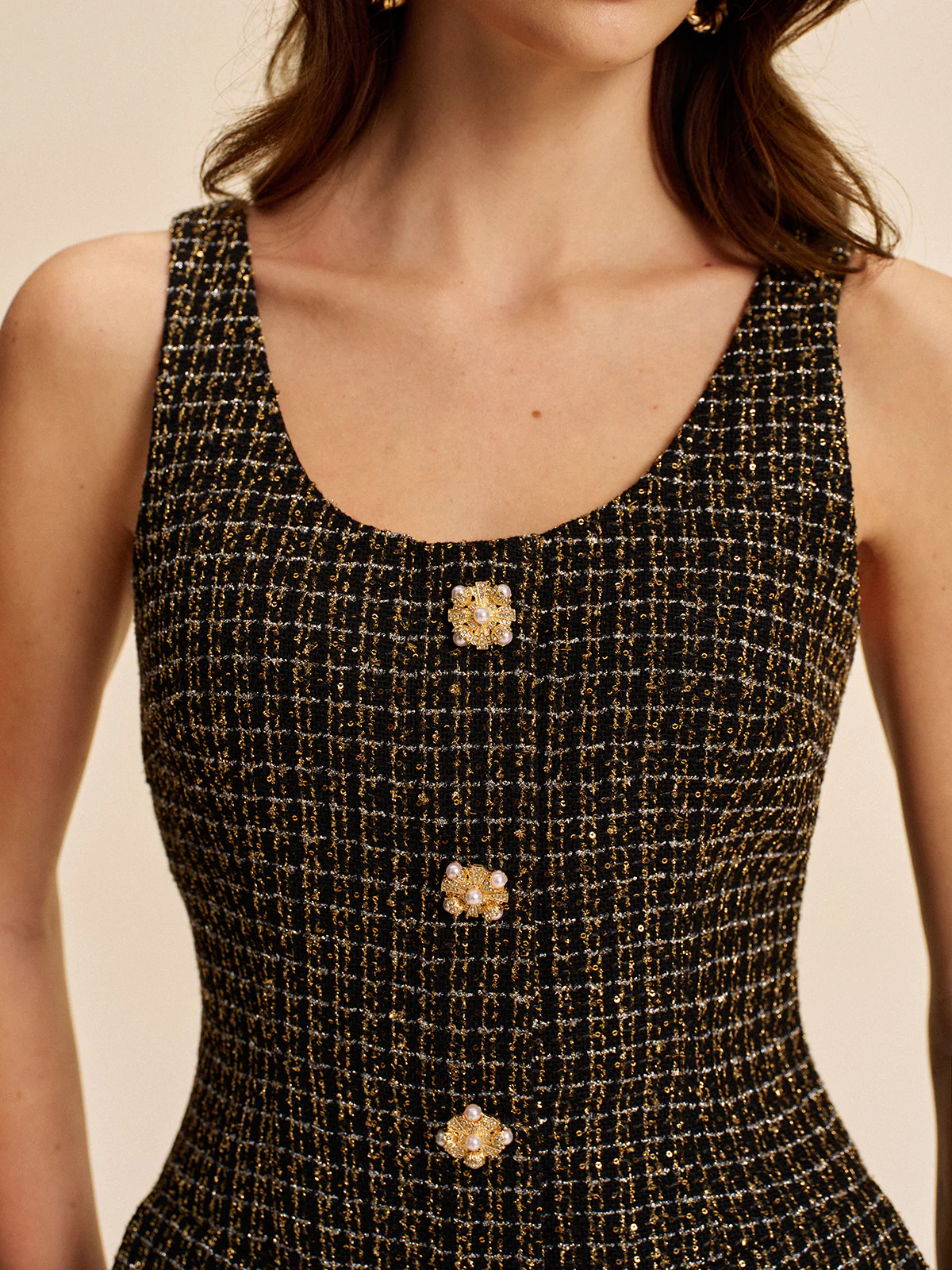 Tweed Buttoned Sleeveless Dress - Image 3