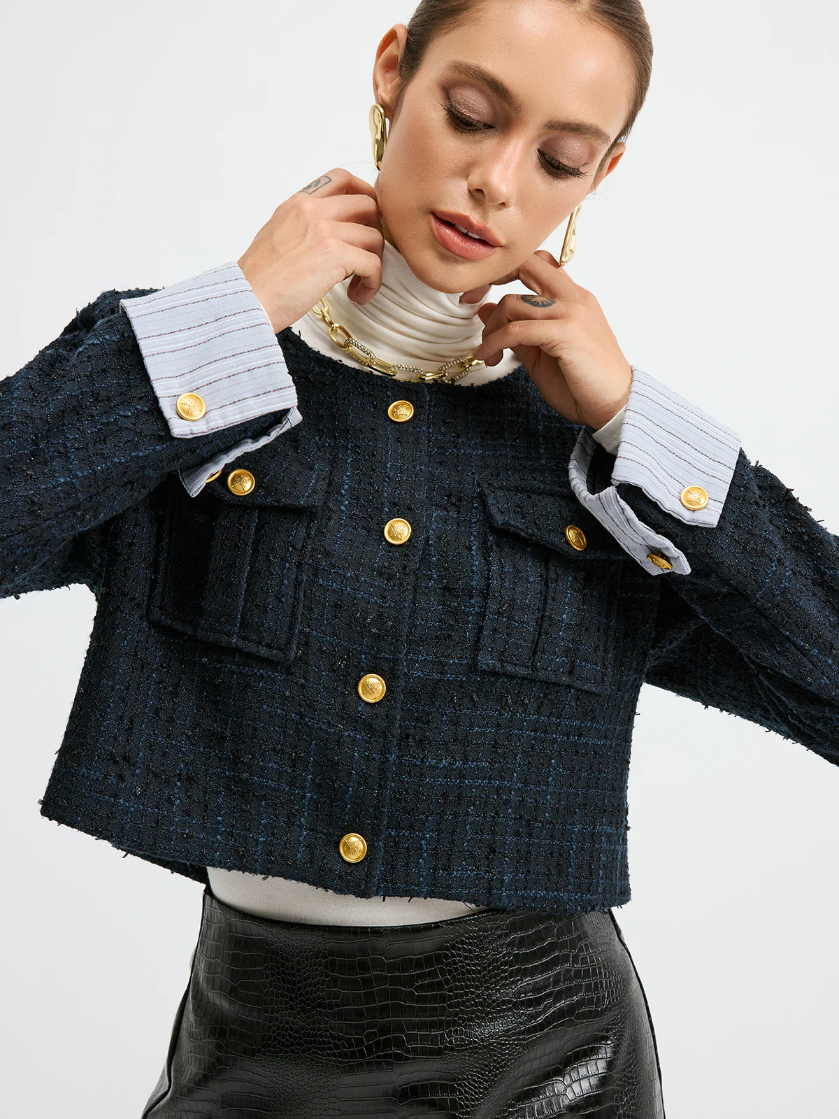 Tweed Cuffed-Sleeve Cropped Wool Blend Jacket - Image 3