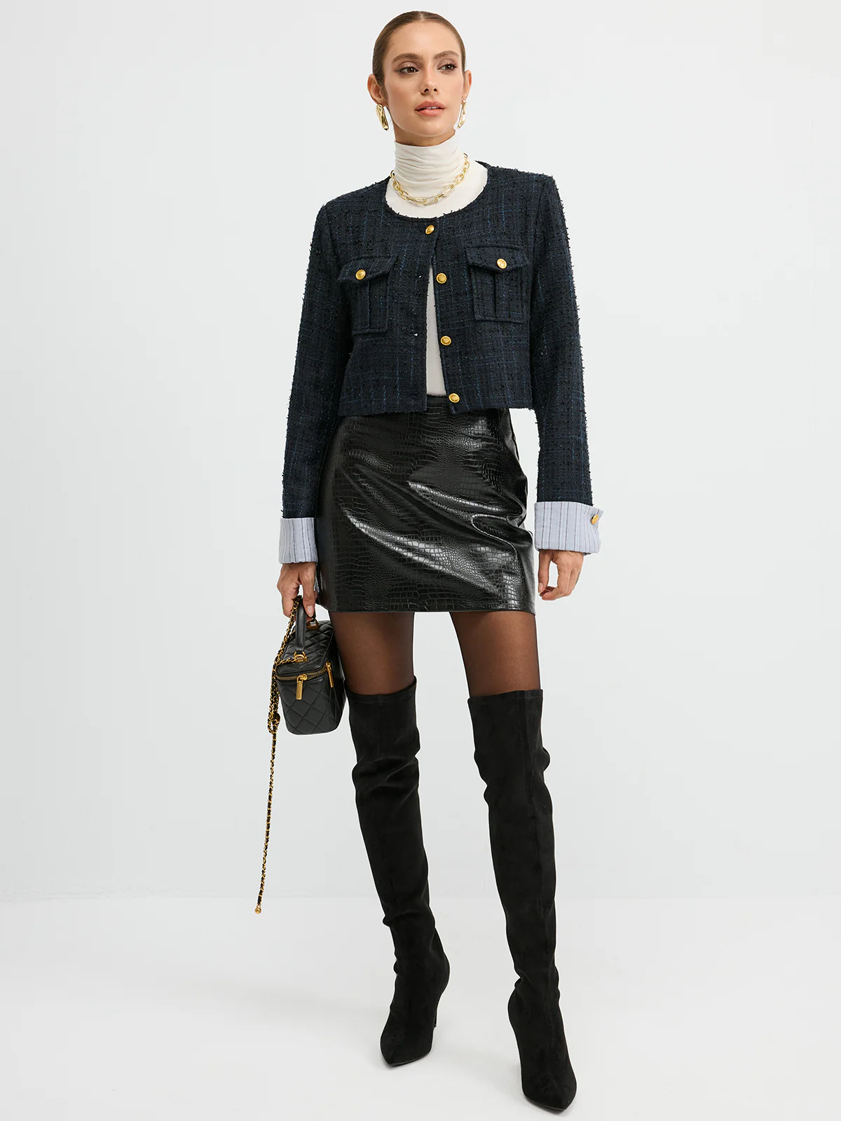 Tweed Cuffed-Sleeve Cropped Wool Blend Jacket - Image 4
