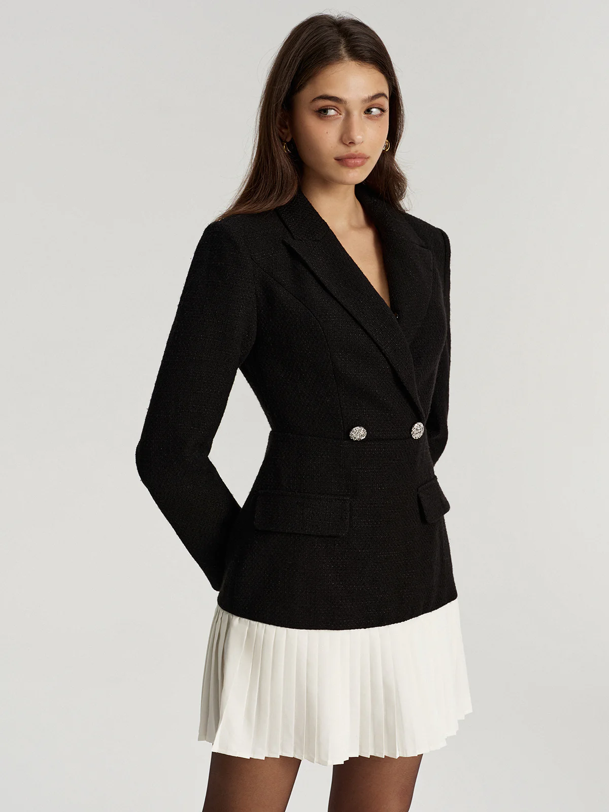 Tweed Double Breasted Pleated Hem Blazer Dress - Image 3
