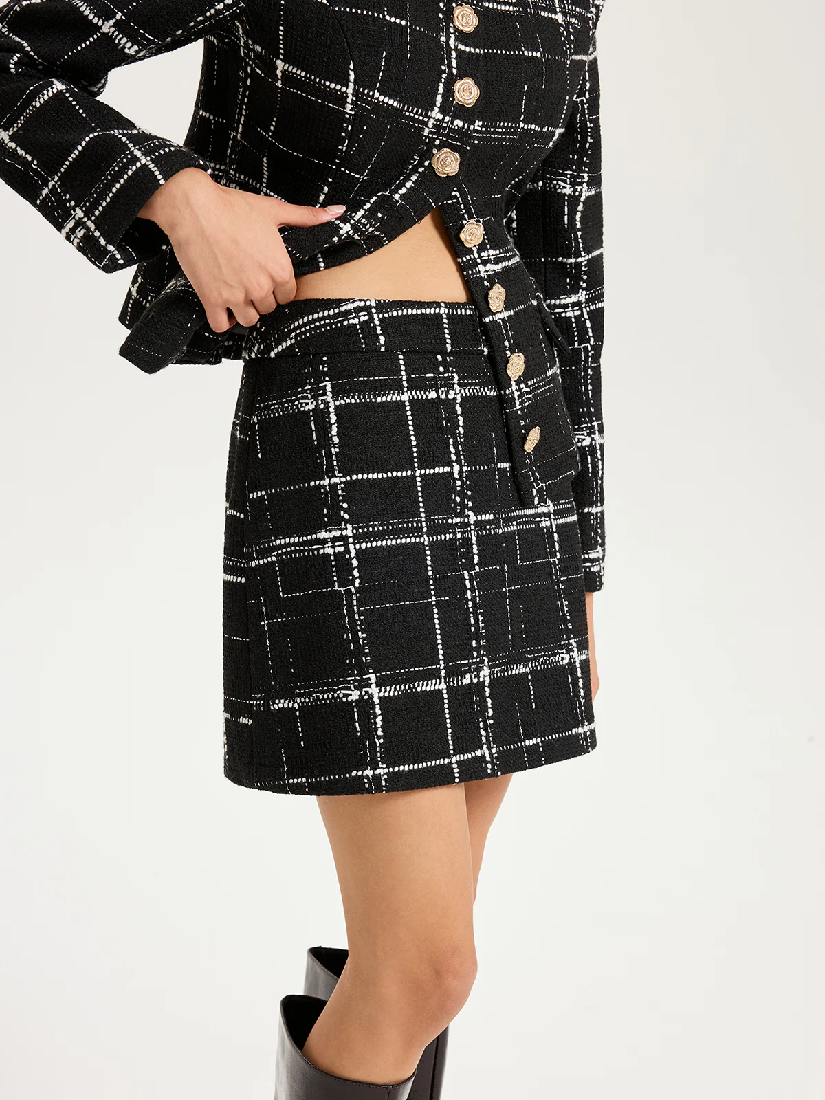 Tweed Plaid A-Line Mini Skirt - Image 2