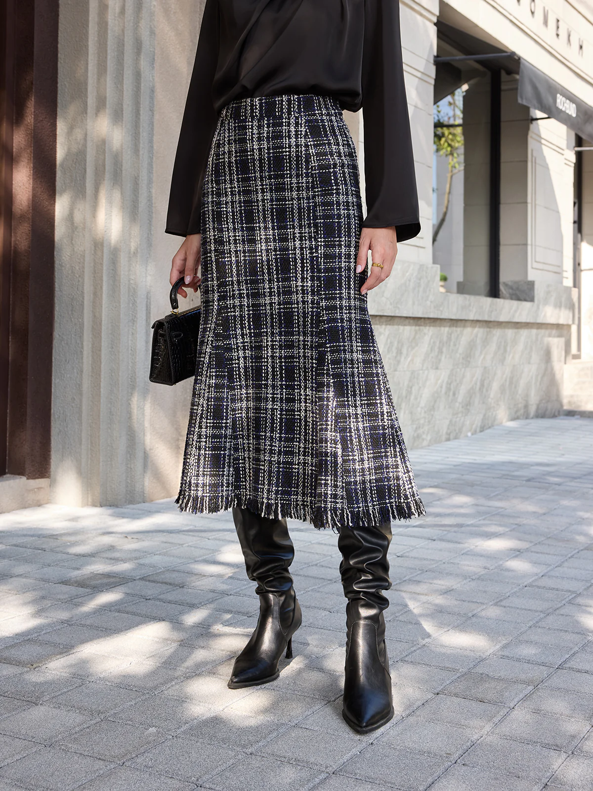 Tweed Plaid Fringe Midi Skirt - Image 5