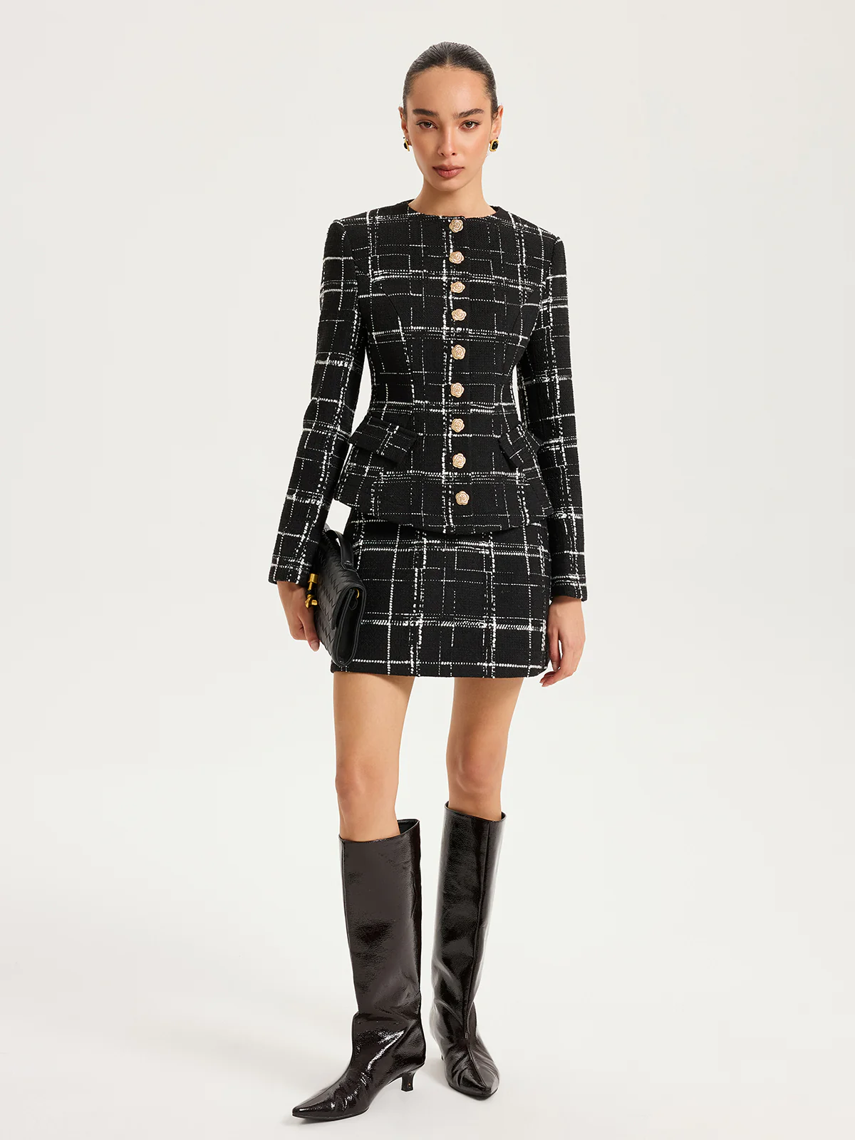 Tweed Plaid Metal-Button Blazer - Image 2