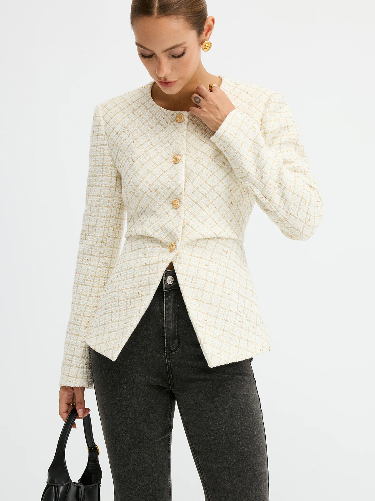 Tweed Round Neck Waist-Cinching Blazer - Image 2