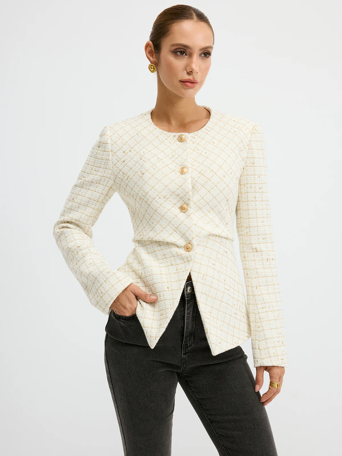 Tweed Round Neck Waist-Cinching Blazer - Image 3