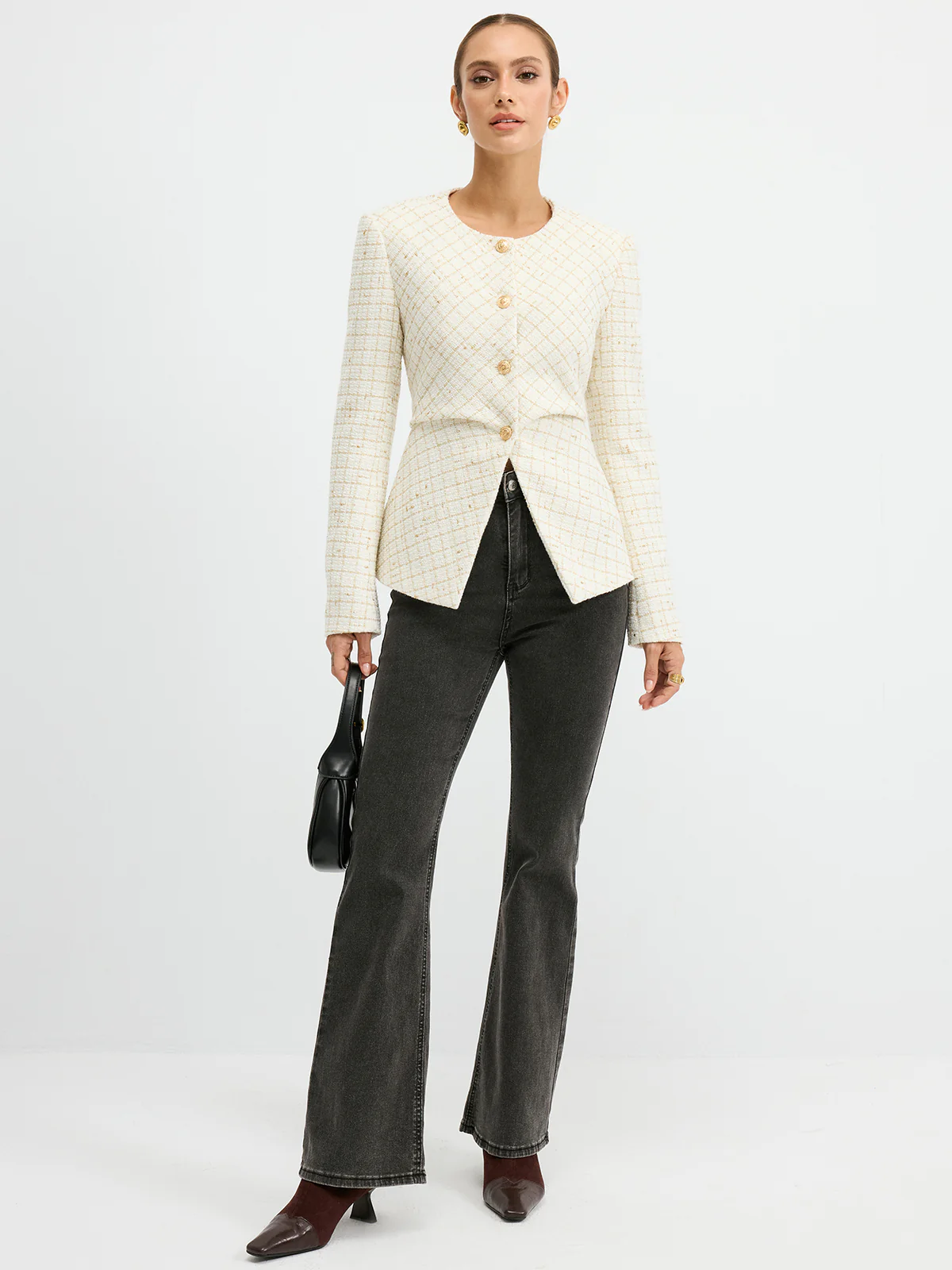 Tweed Round Neck Waist-Cinching Blazer - Image 4