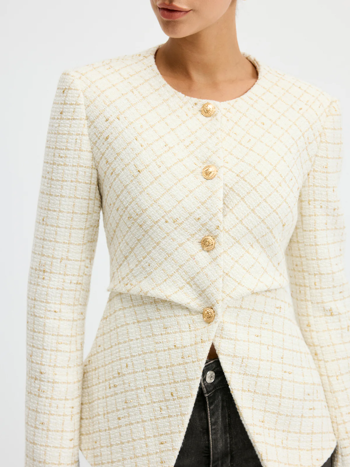 Tweed Round Neck Waist-Cinching Blazer - Image 5