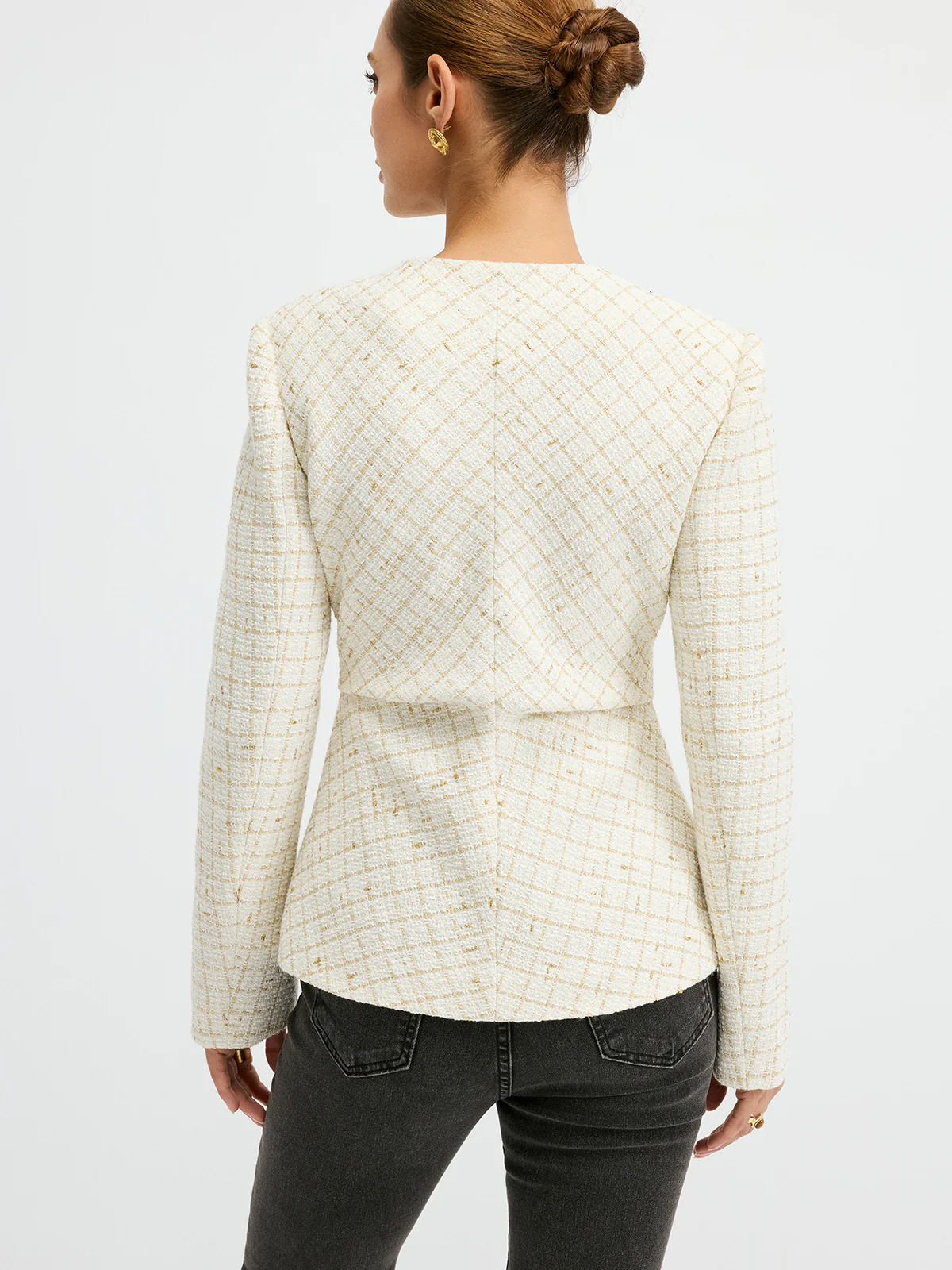 Tweed Round Neck Waist-Cinching Blazer - Image 6