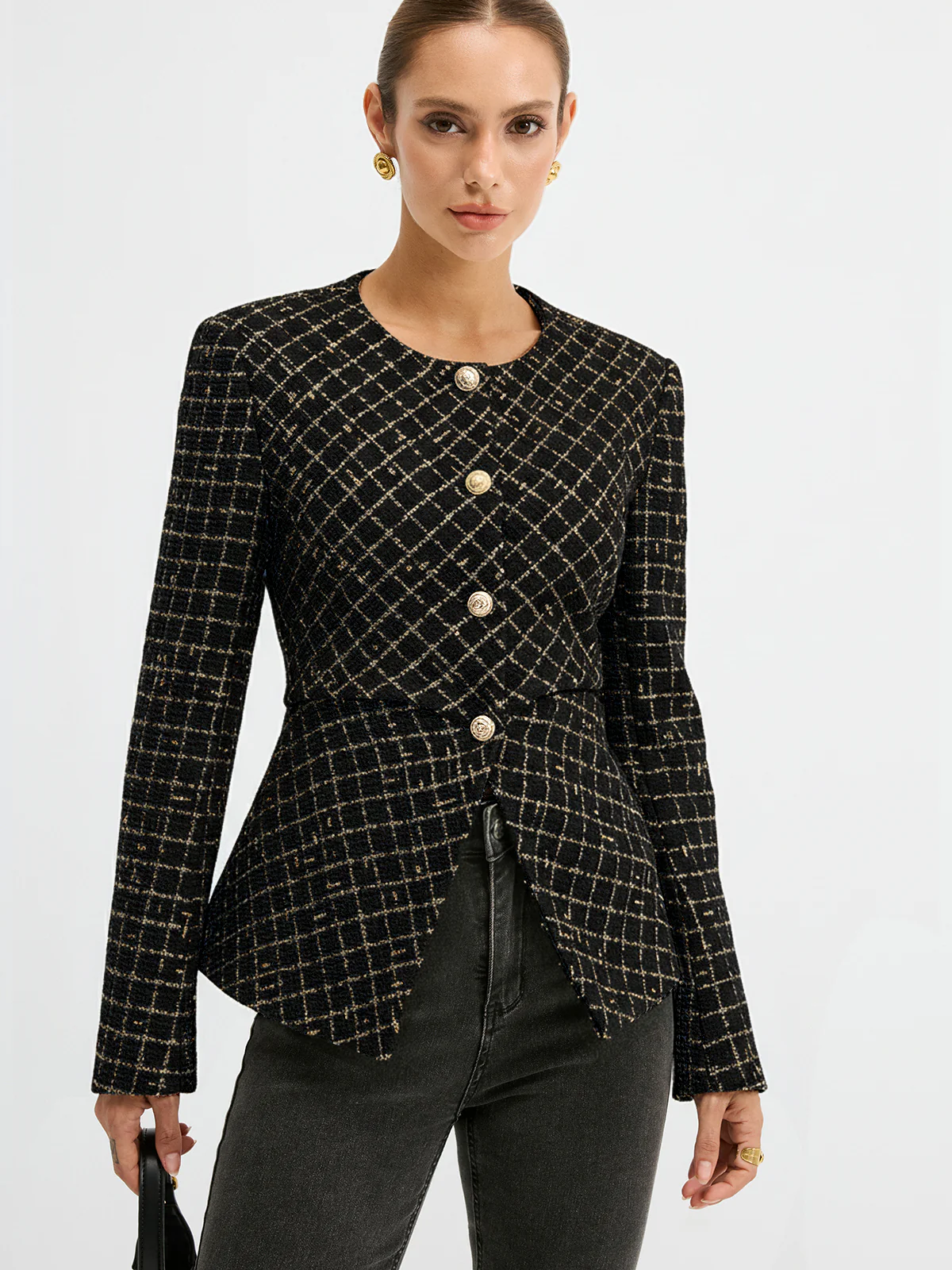 Tweed Round Neck Waist-Cinching Blazer - Image 7