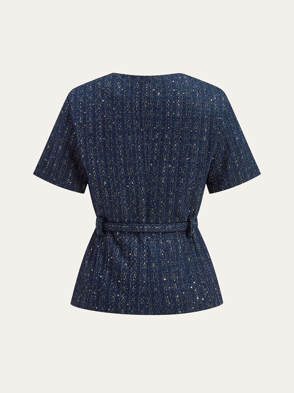 Tweed Short-Sleeved Blazer with Belt - Image 4