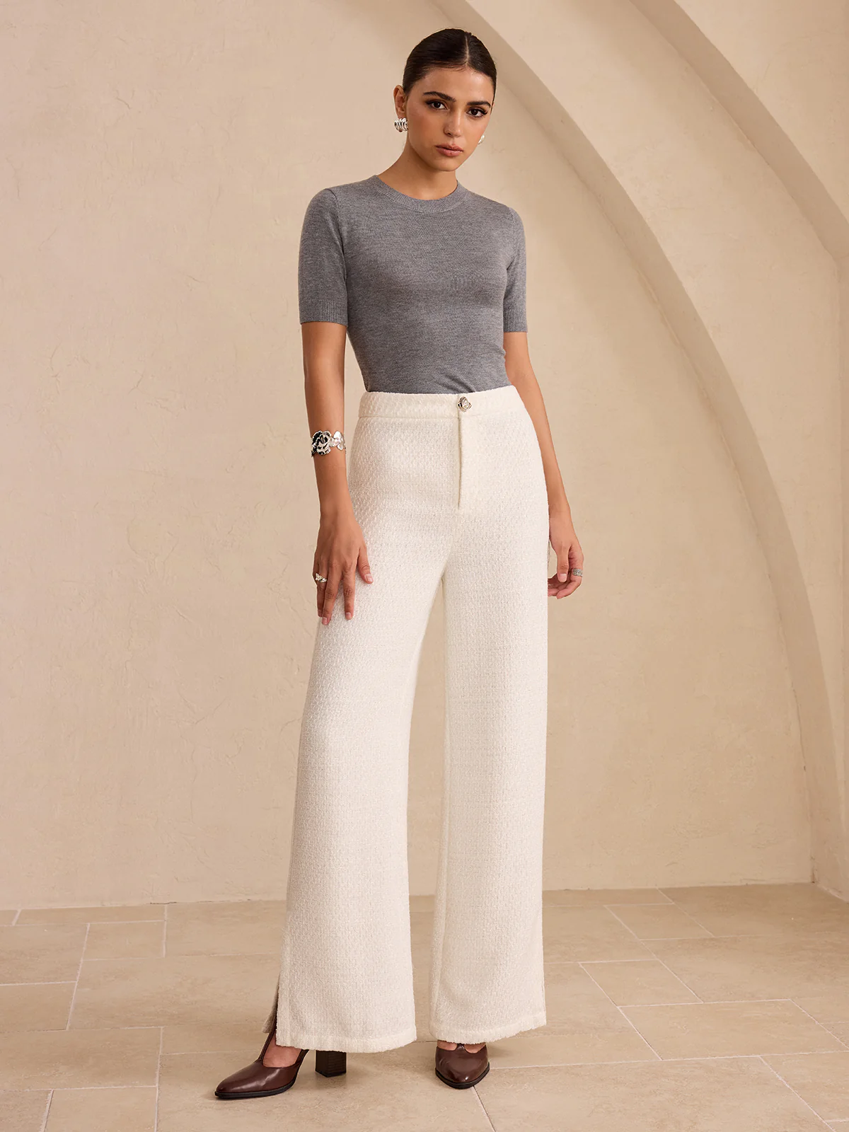 Tweed Side Slit Wide-Leg Pants - Image 3