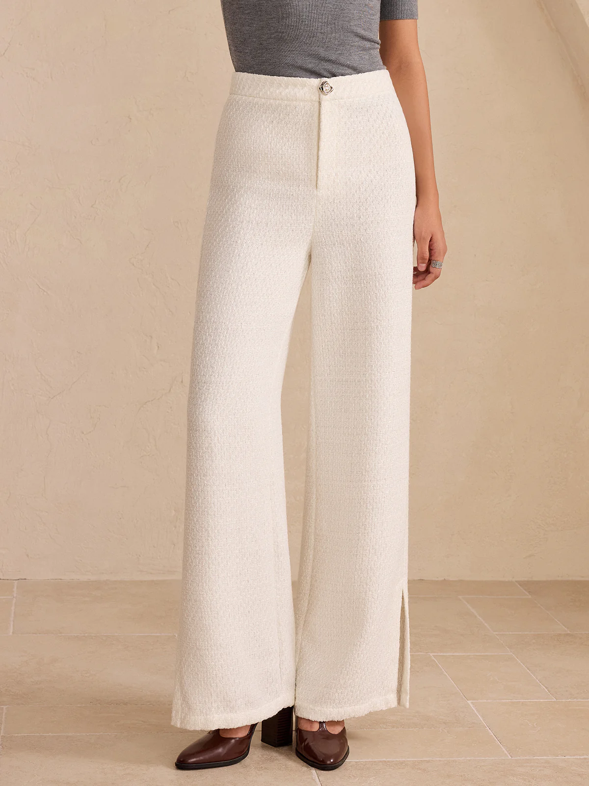Tweed Side Slit Wide-Leg Pants - Image 4