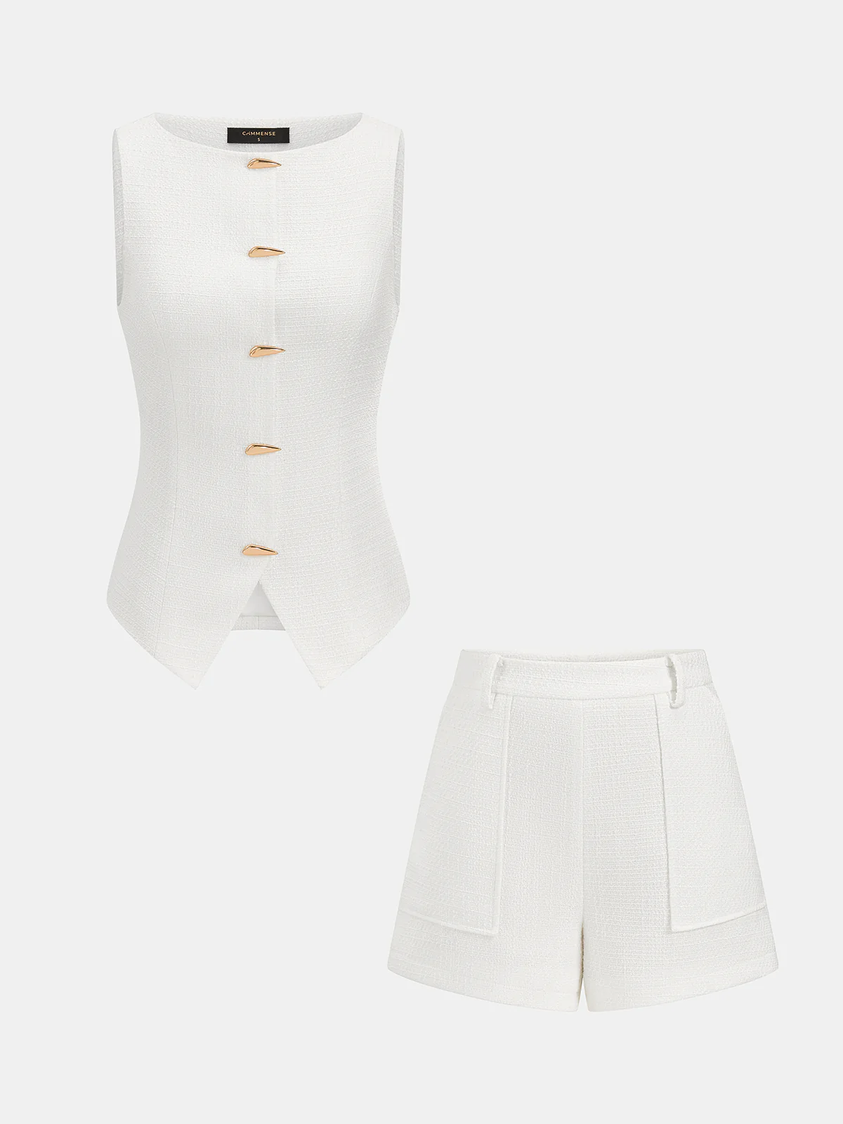 Tweed Sleeveless Metal Button Vest & Shorts Set - Image 2
