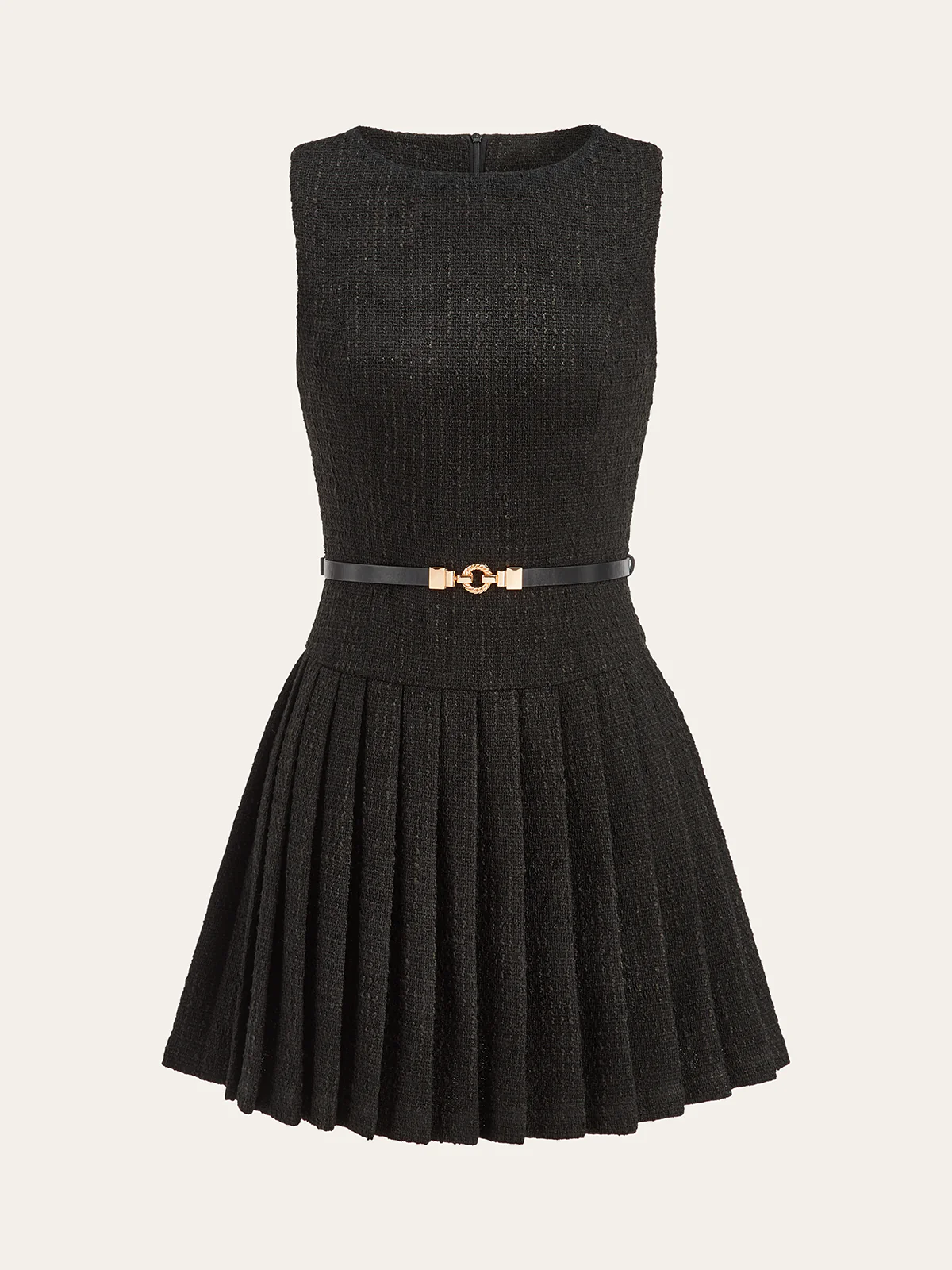 Tweed Sleeveless Pleated Mini Dress with Belt - Image 2
