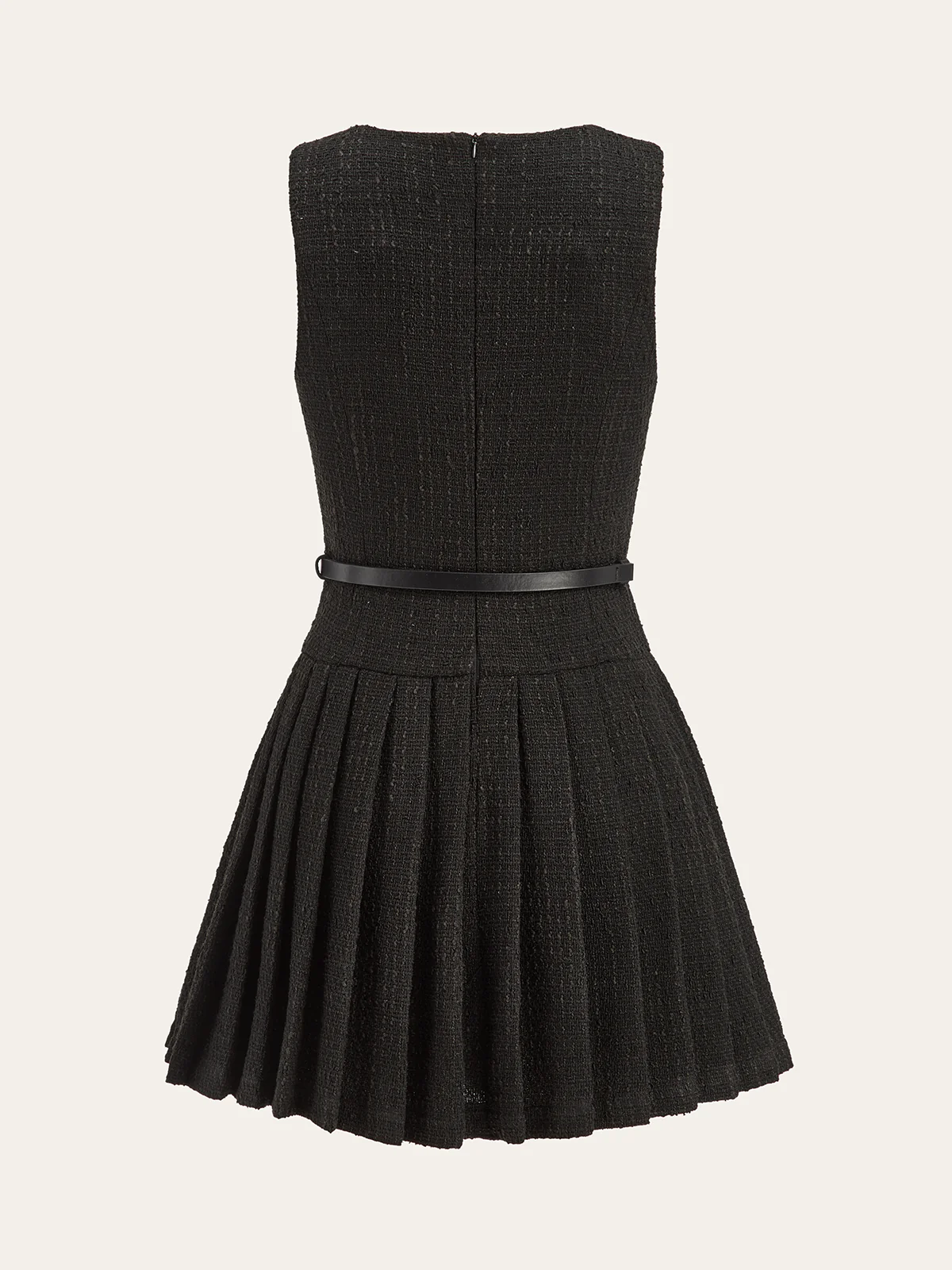 Tweed Sleeveless Pleated Mini Dress with Belt - Image 3
