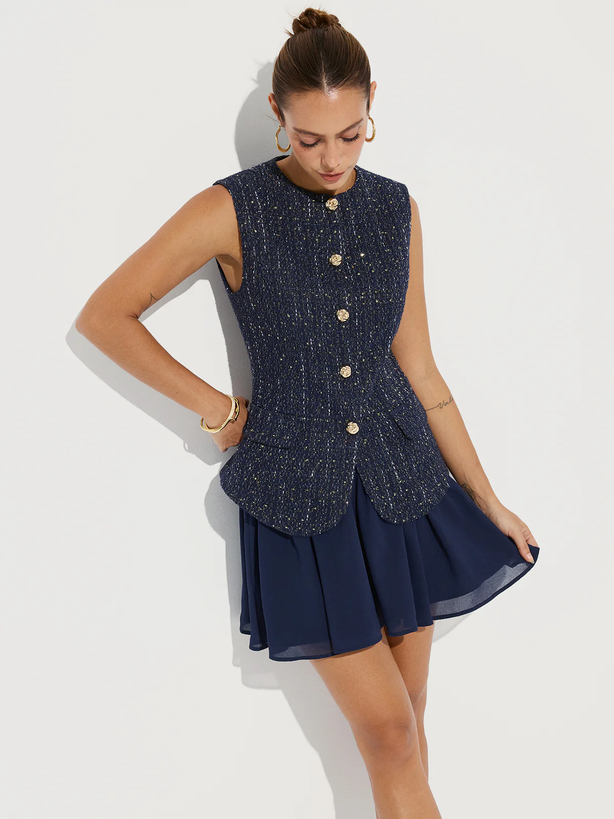 Tweed Sleeveless Top and Chiffon Mini Skirt Set