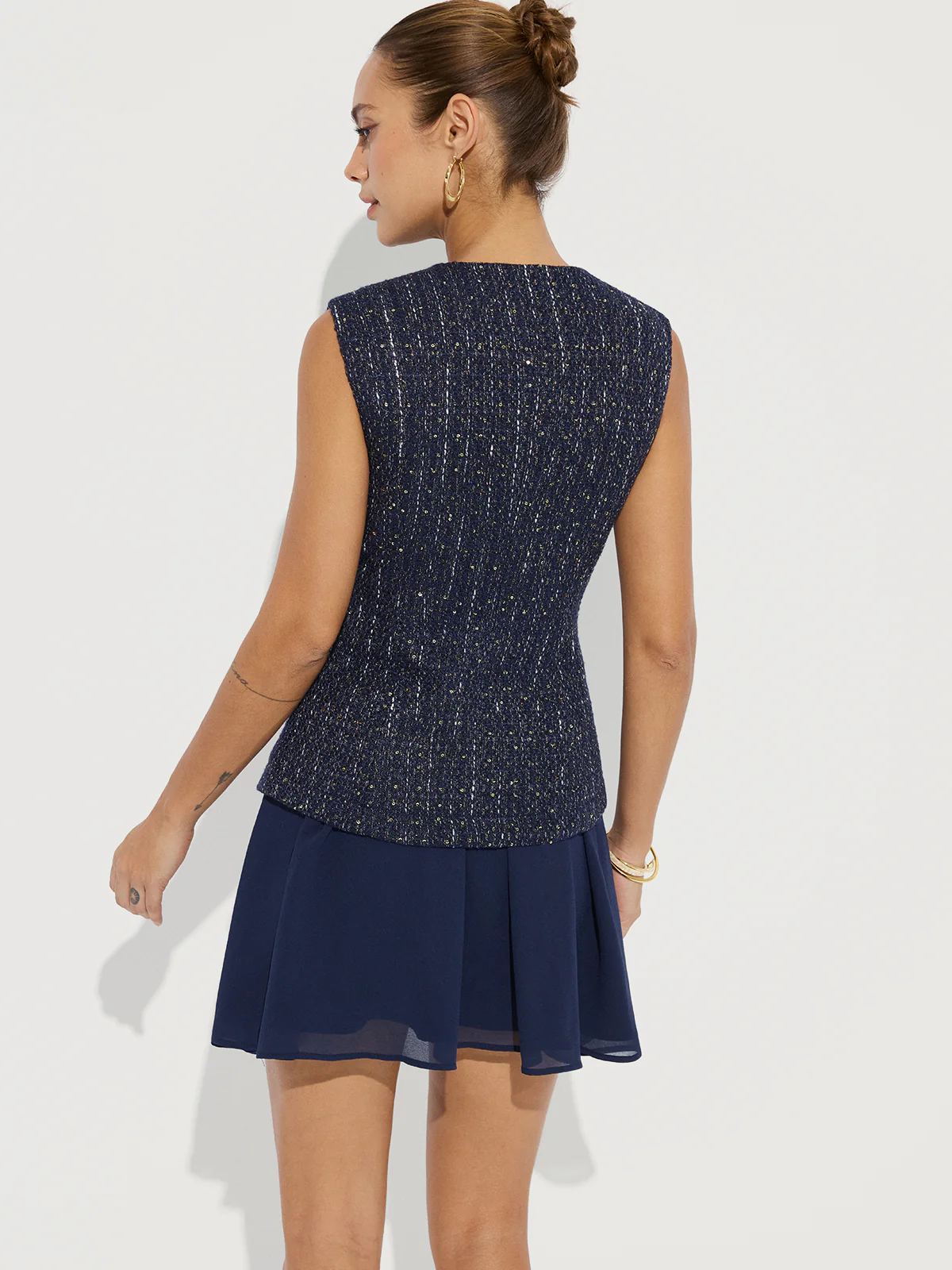 Tweed Sleeveless Top and Chiffon Mini Skirt Set - Image 6