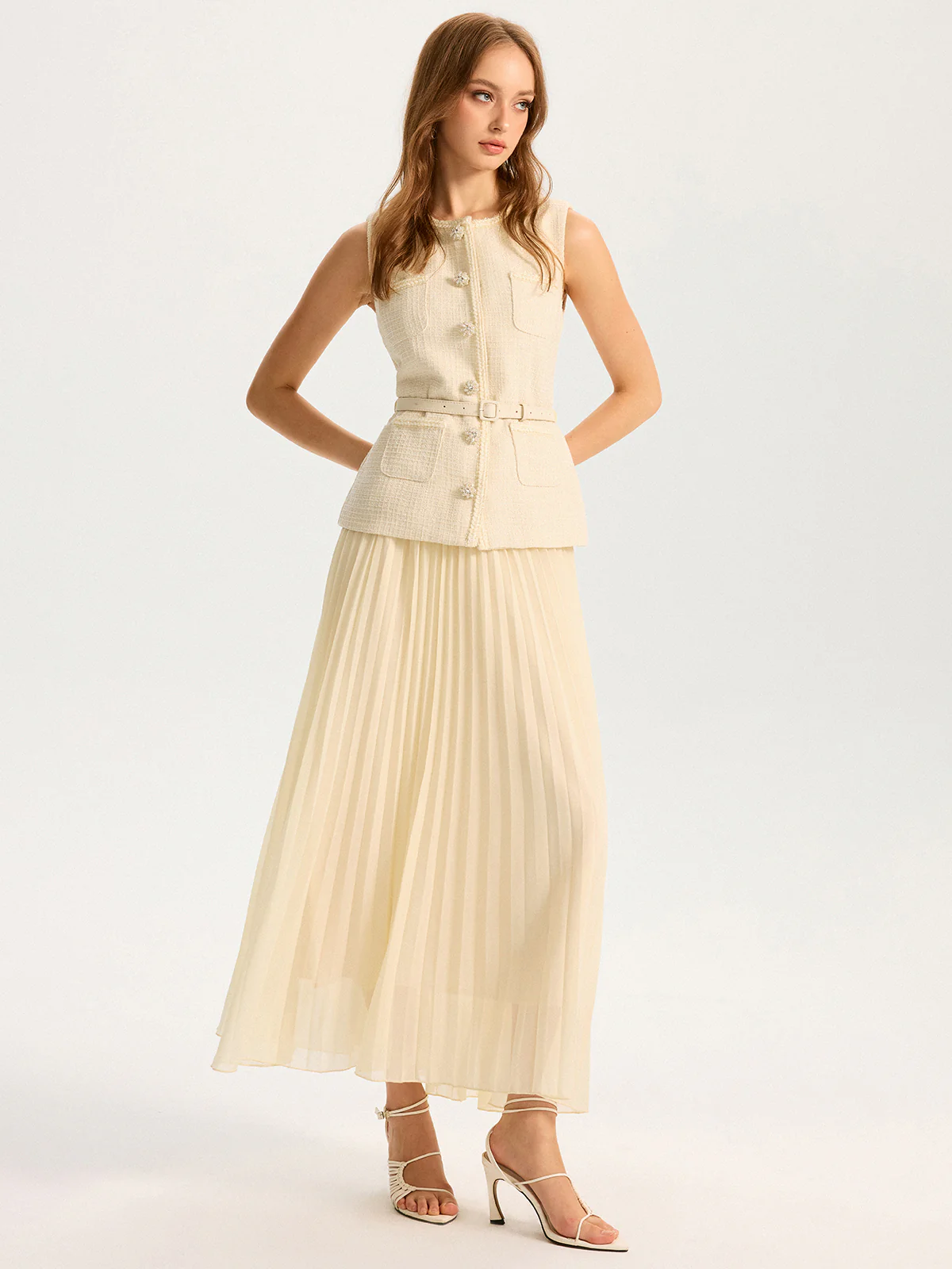 Tweed Sleeveless Vest and Pleated Maxi Skirt Set - Image 3