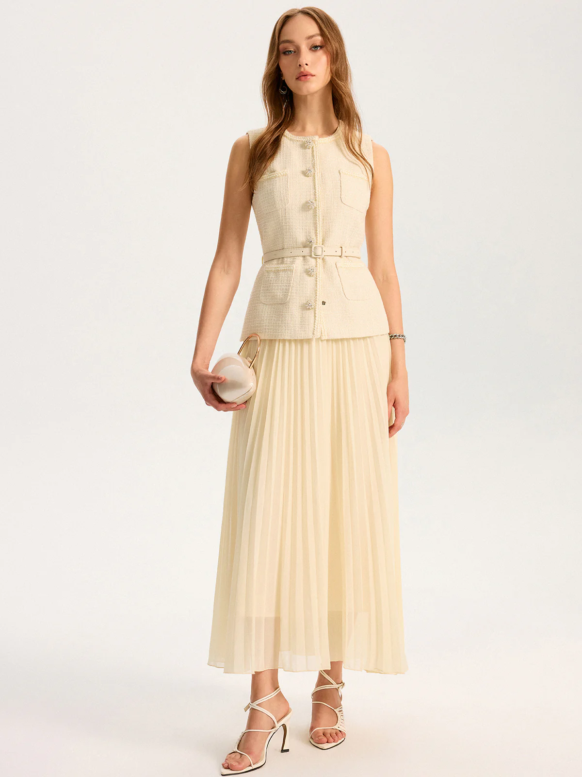 Tweed Sleeveless Vest and Pleated Maxi Skirt Set - Image 5