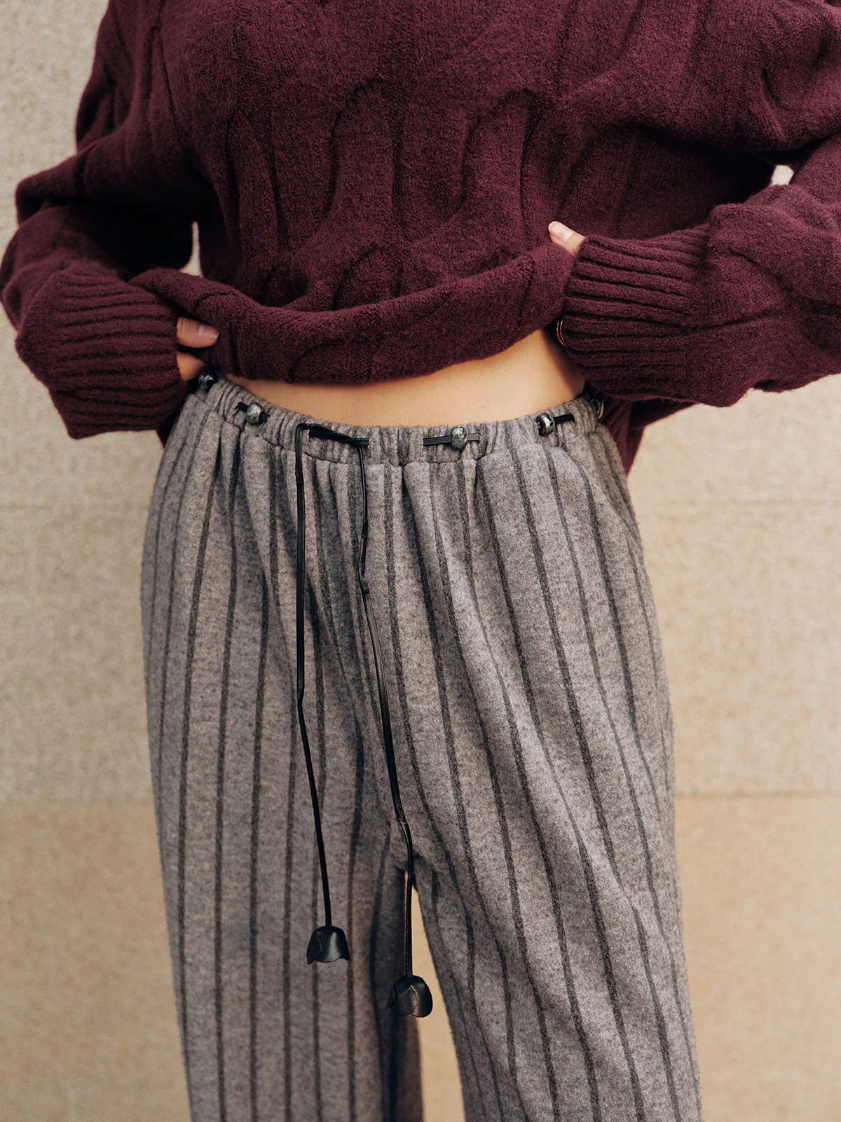 Tweed Striped Drawstring Wide-Leg Pants - Image 3