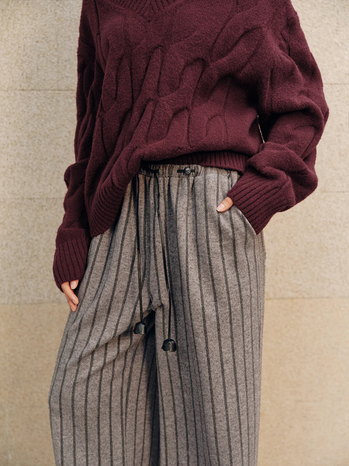 Tweed Striped Drawstring Wide-Leg Pants - Image 4