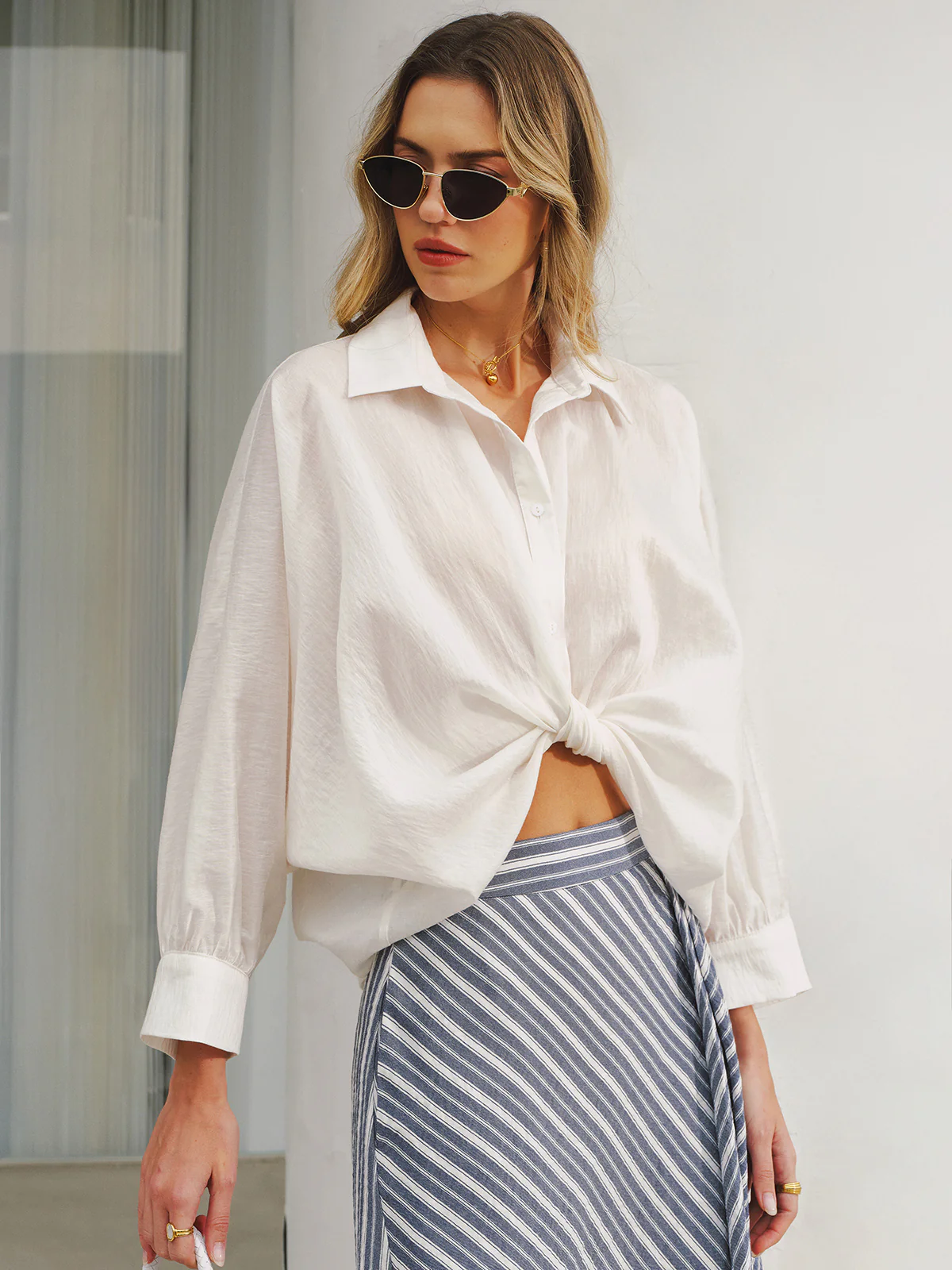 Twist Front Balloon Sleeve Button-Down Shirt - Image 3
