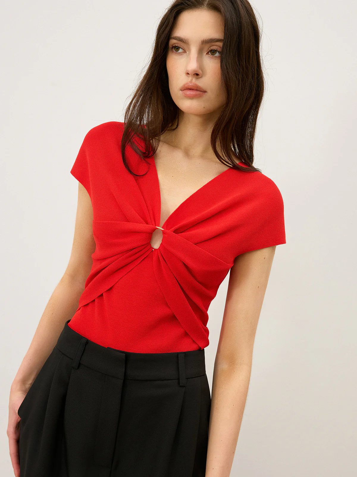 Twist Front Cut-Out V-Neck Knit Top - Image 3