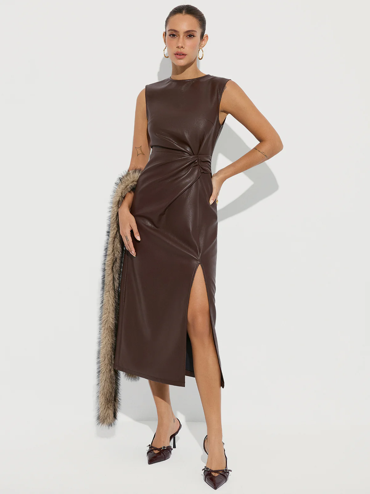 Twisted Faux Leather Sleeveless Slit Midi Dress