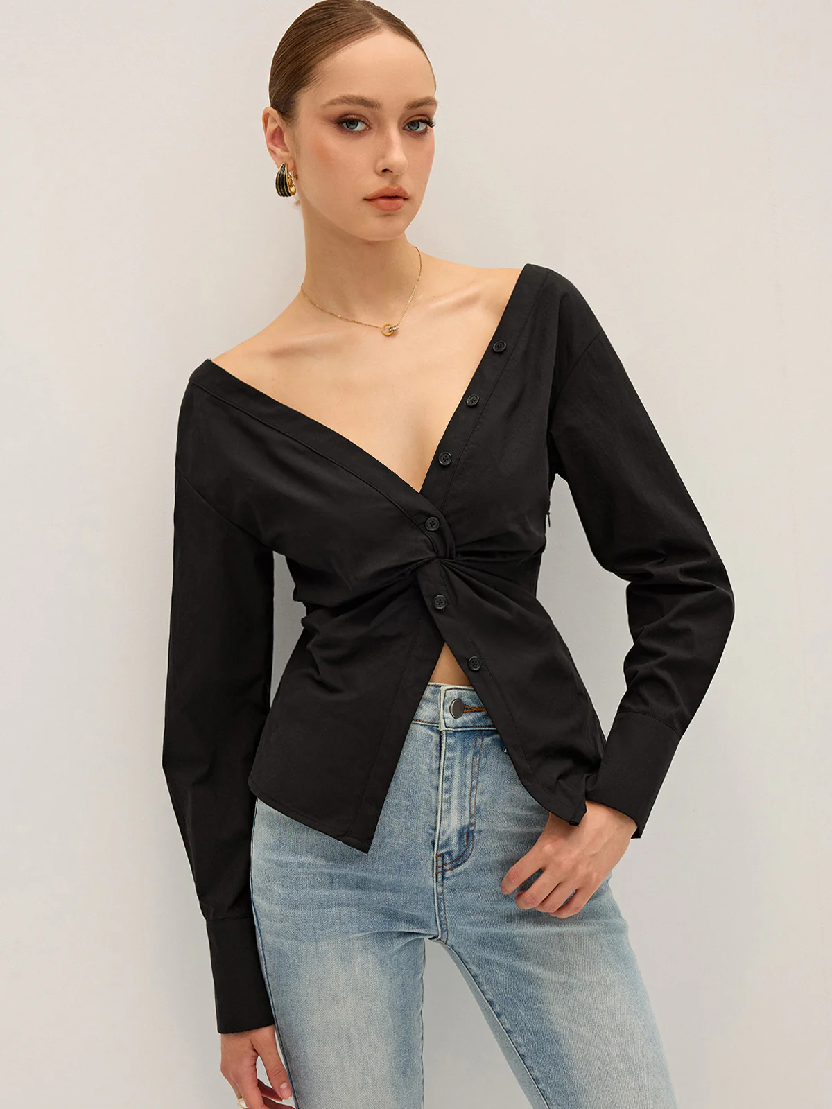 Twisted Front Deep V-Neck Shirt - Image 2