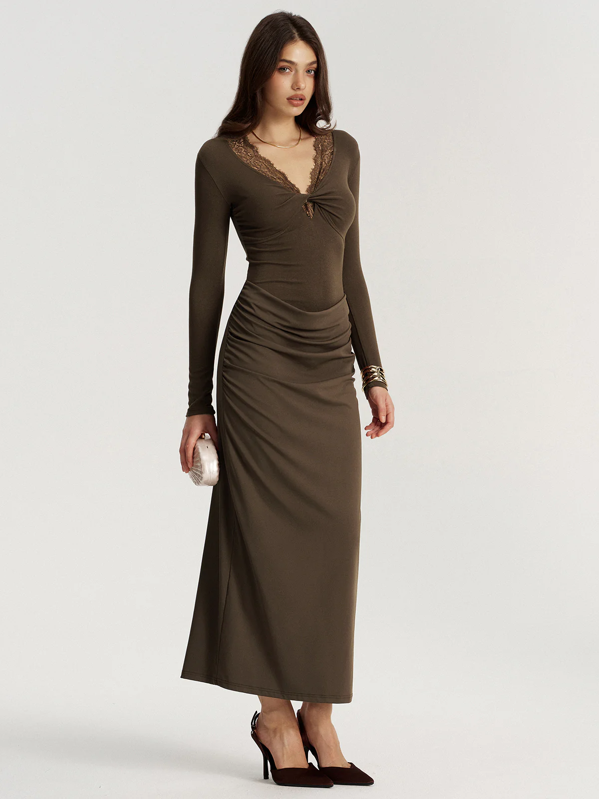 Twisted Lace V-Neck Ruched Maxi Dress - Image 5